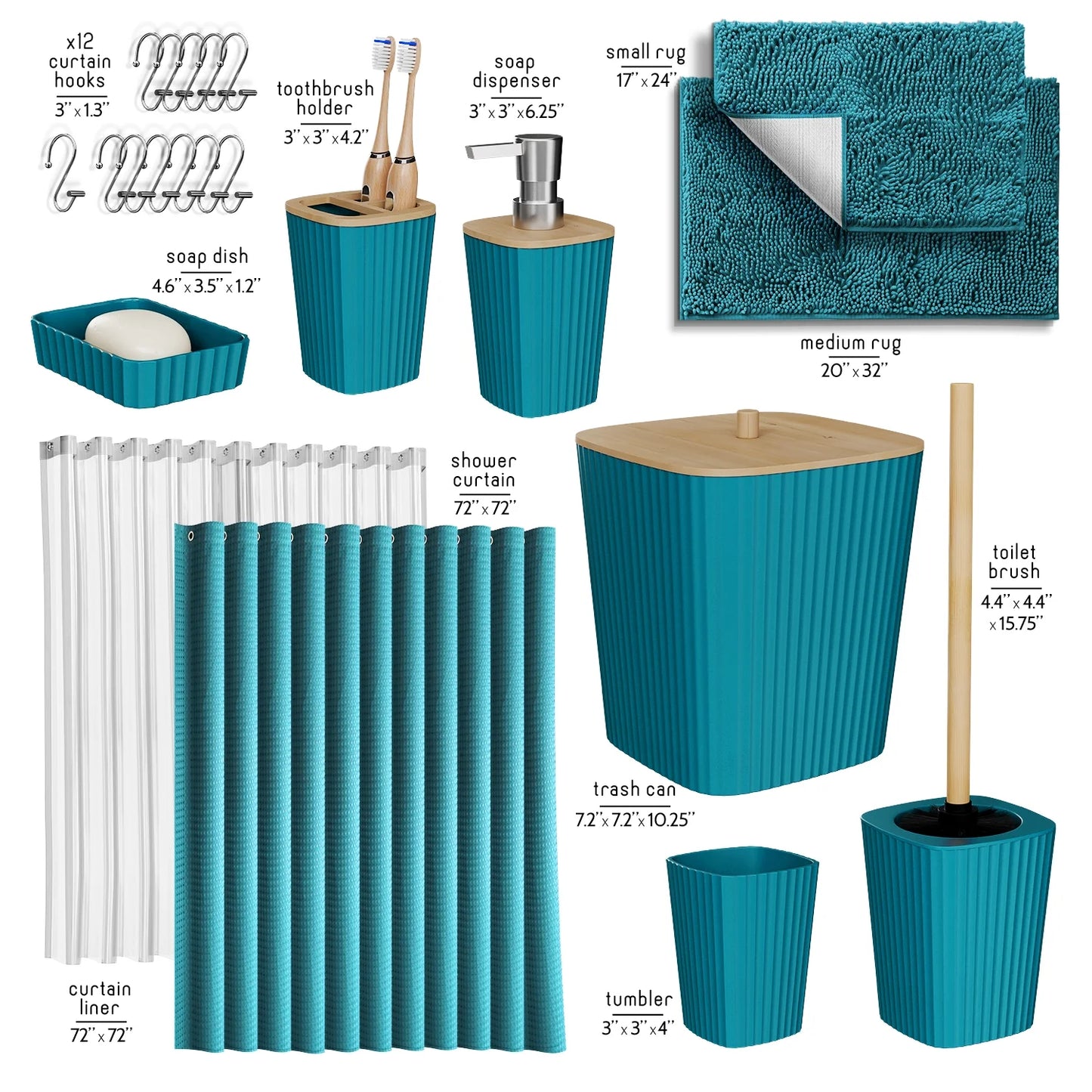 22 Piece Bamboo Bathroom Sets, Teal Blue Bathroom Accessories Sets for Minimalistic Bathroom Décor