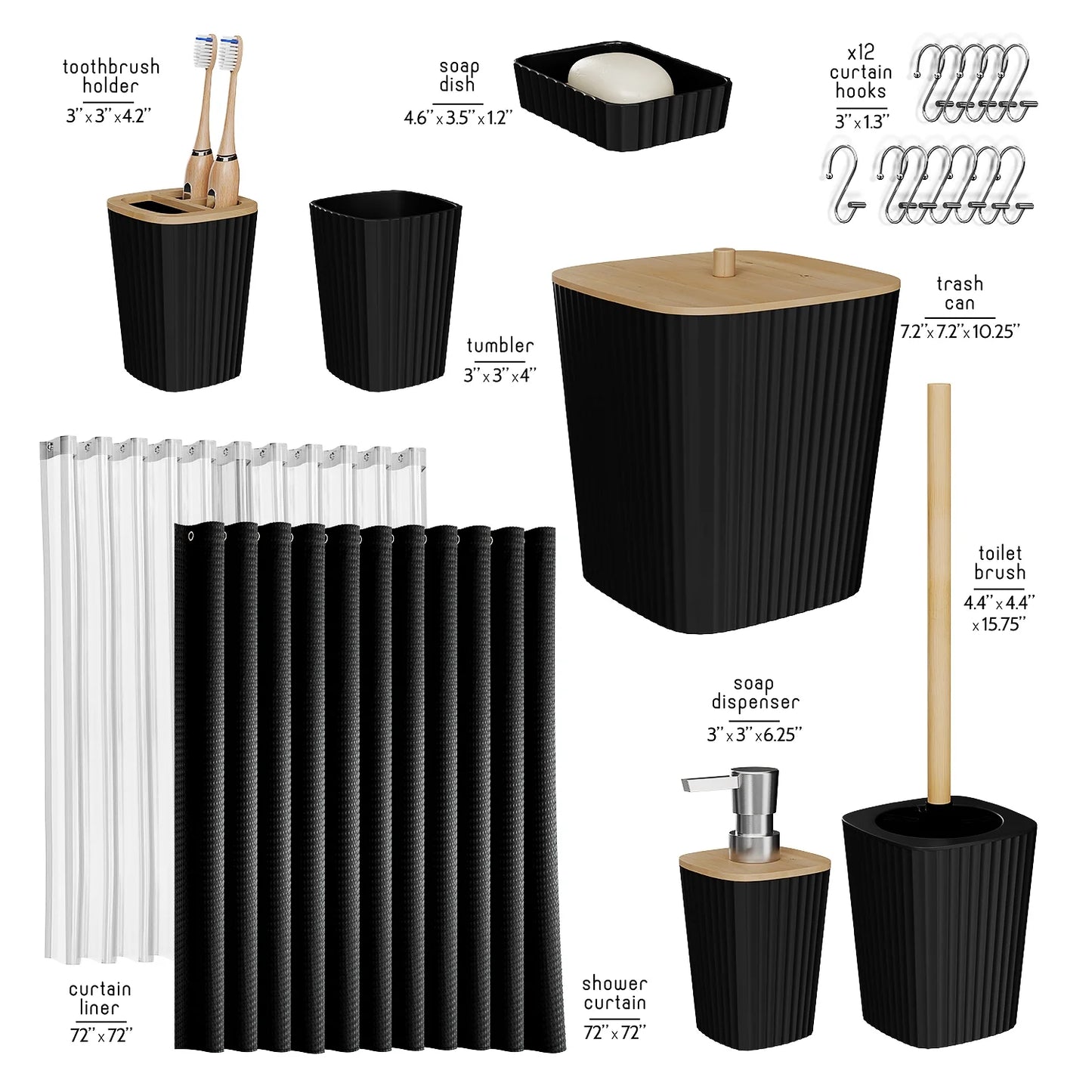 20 Piece Bamboo Bathroom Sets, Black Bathroom Accessories Set with Shower Curtain