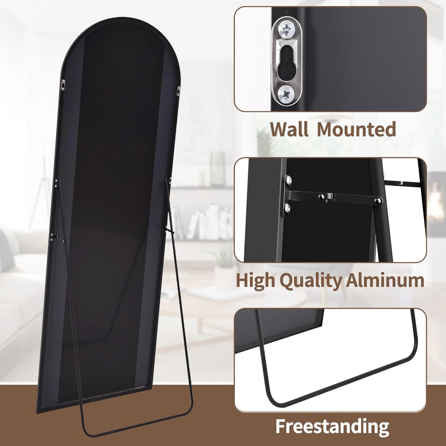 Full Length Mirror, 65"X22" Arched Full Body Mirror, Hanging, Leaning or Standing, Wall Mounted for Bedroom Living Room, Black