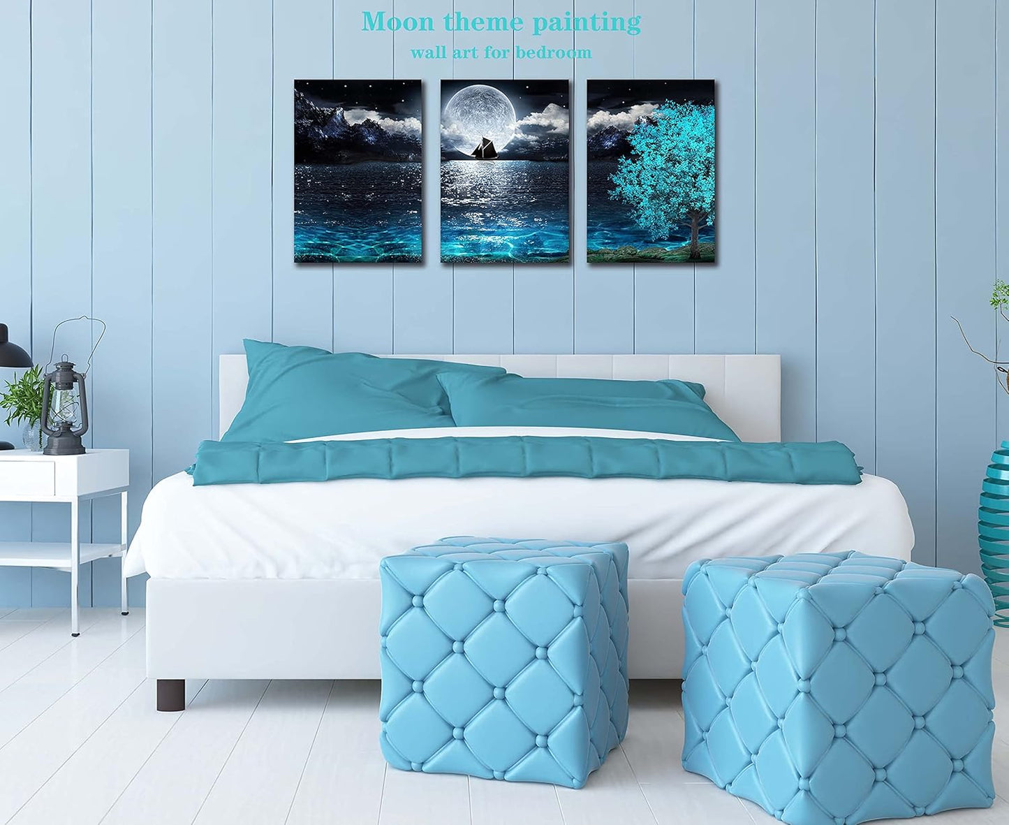 Moon Wall-Art for Bedroom - Teal Wall Art for Living Room - Ocean Tree Home Wall Decor 3 Pieces Framed Canvas Art 16X24 Inches