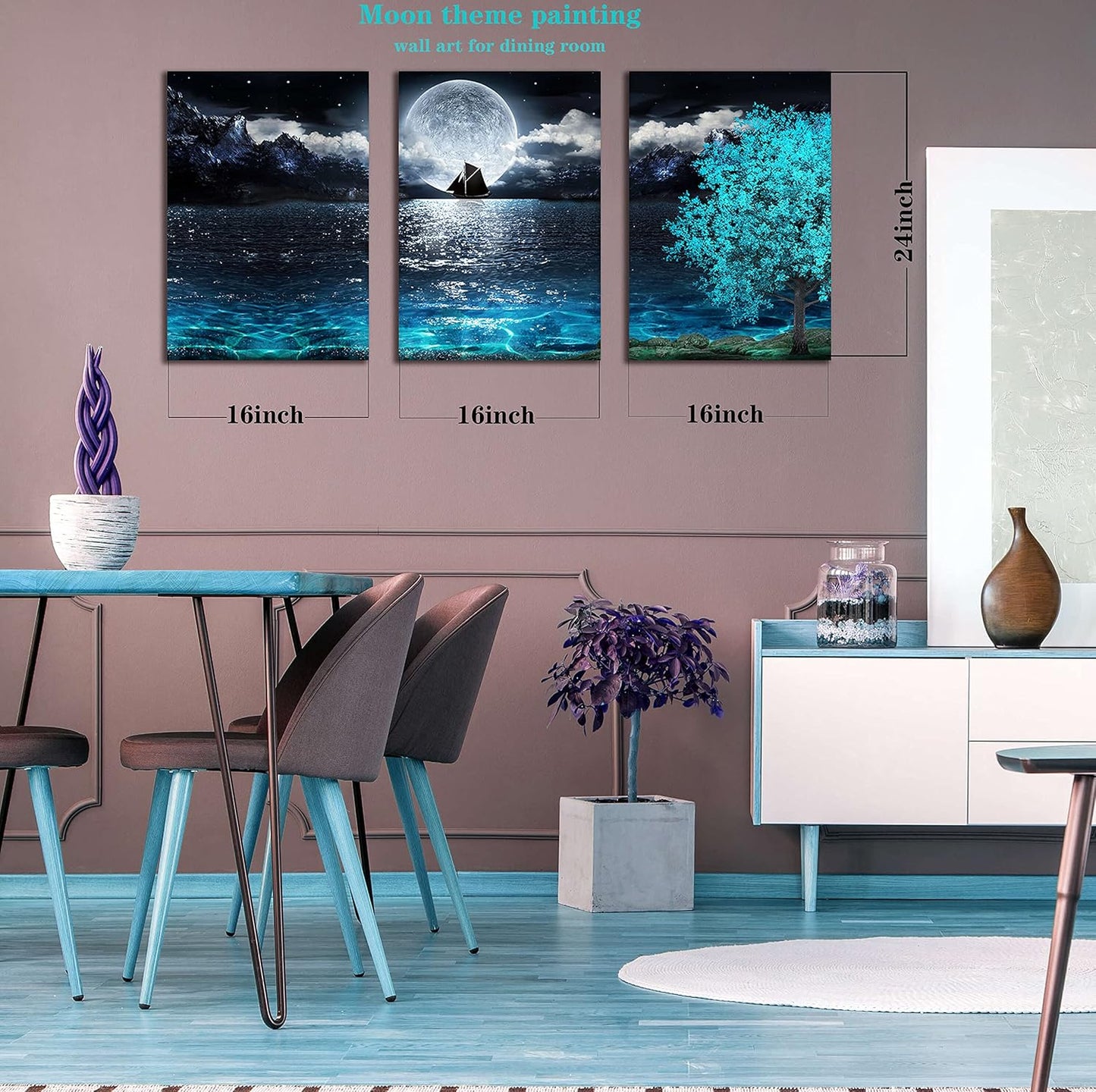 Moon Wall-Art for Bedroom - Teal Wall Art for Living Room - Ocean Tree Home Wall Decor 3 Pieces Framed Canvas Art 16X24 Inches