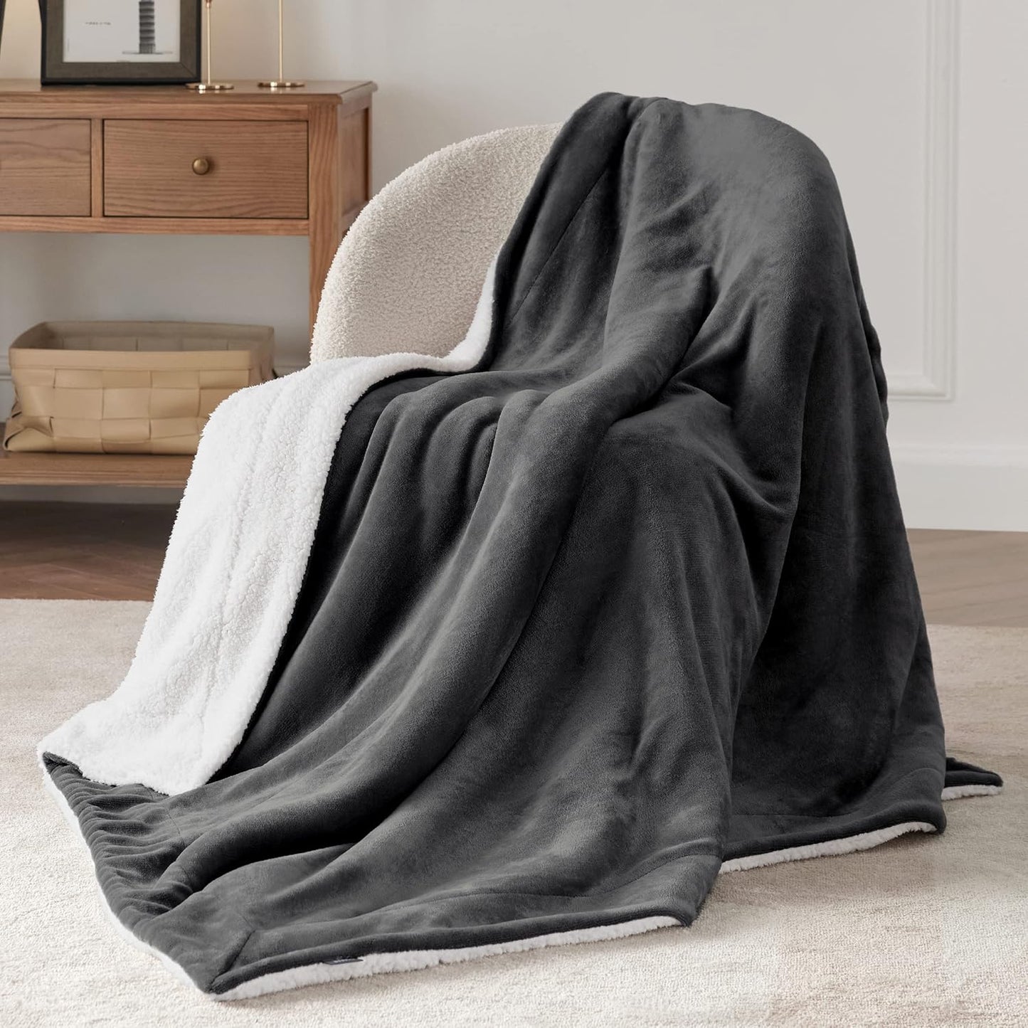 Gentlesoft Sherpa Fleece Throw Blanket for Couch - Thick and Warm, Soft Fuzzy Plush Throw Blanket for Winter, Charcoal, 50X60 Inches
