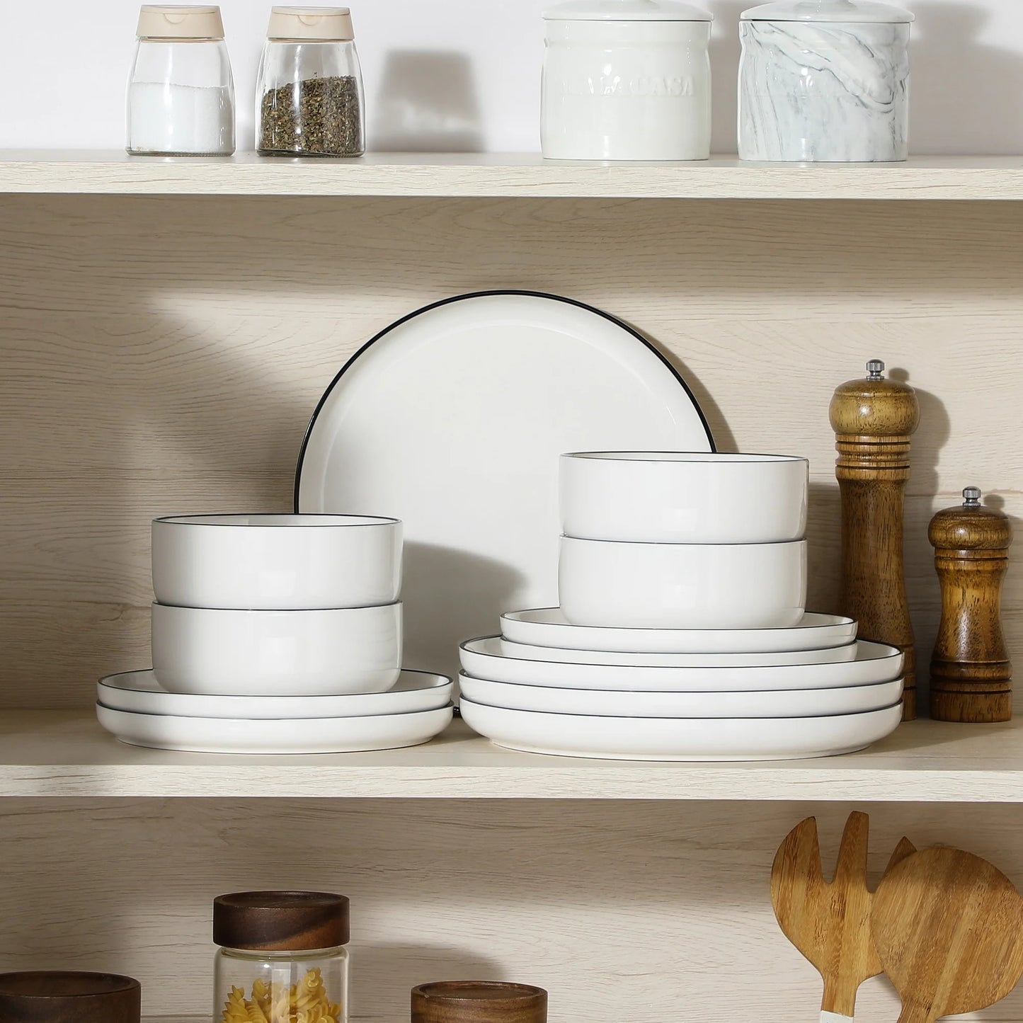 12 Pcs Dinnerware Sets, Plates and Bowls Set for 4, Ceramic Dinner Set, White and Black