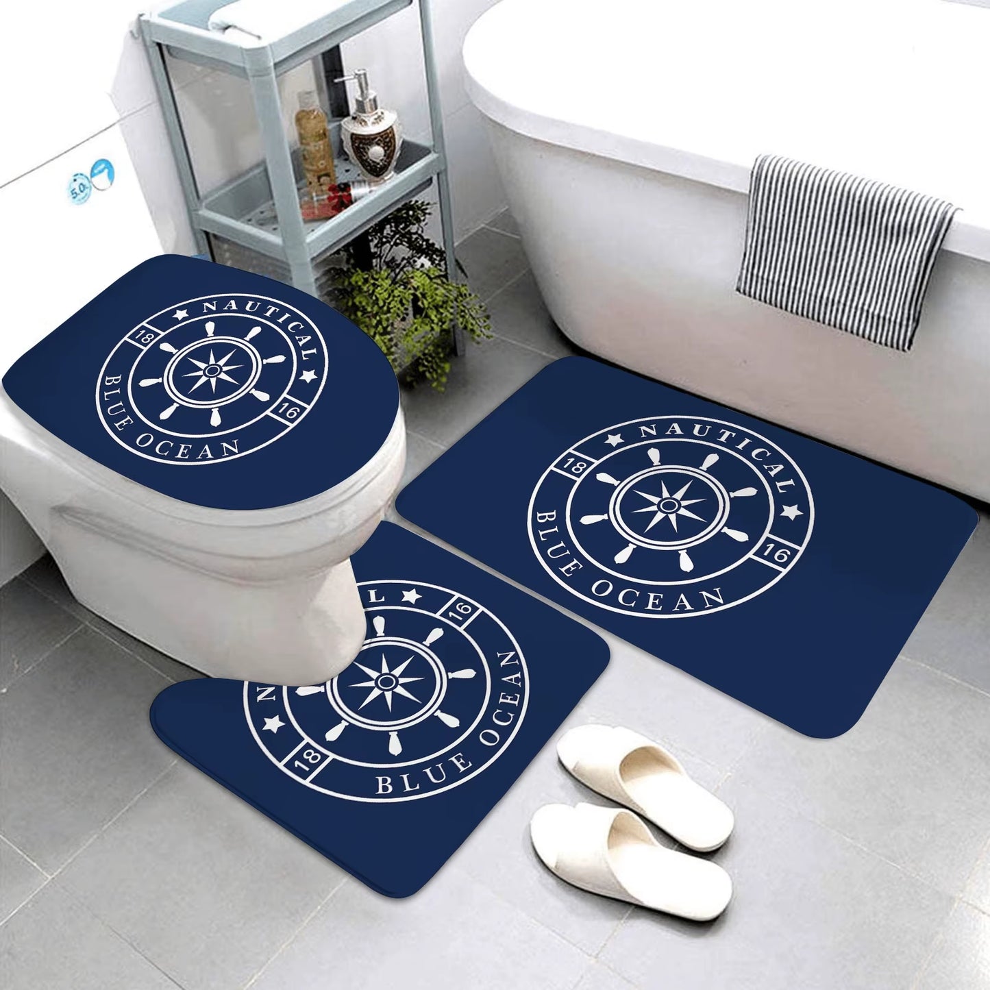 Dark Blue Nautical Series Bathroom Mats Bathroom Mats Three-Piece Set Bathroom Rugs and Mats Bathroom Products Can Be Customized