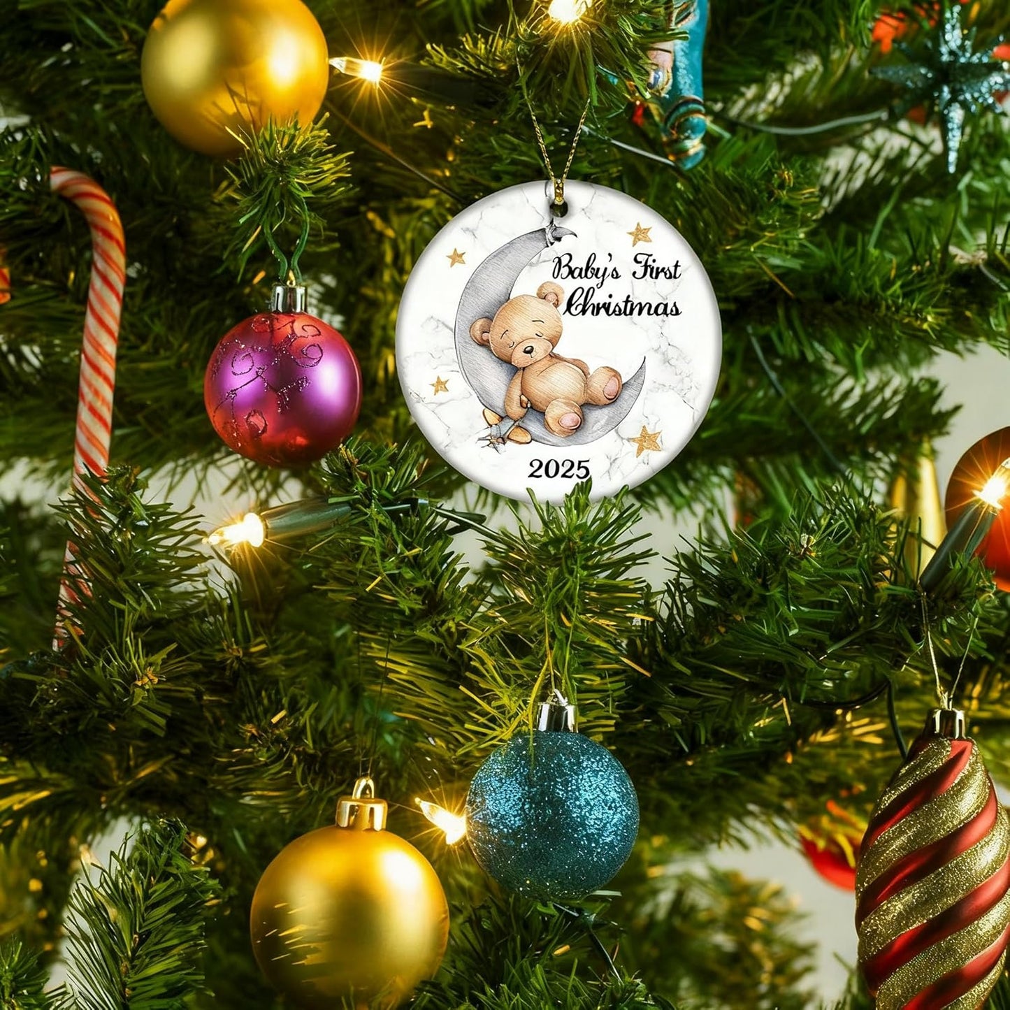 Baby'S First Christmas 2025 Boy Bear on the Moon Baby Ornament Christmas Wedding Decoration Baby Ornament Newlywed 2025 (Yellow and White Baby Bear)