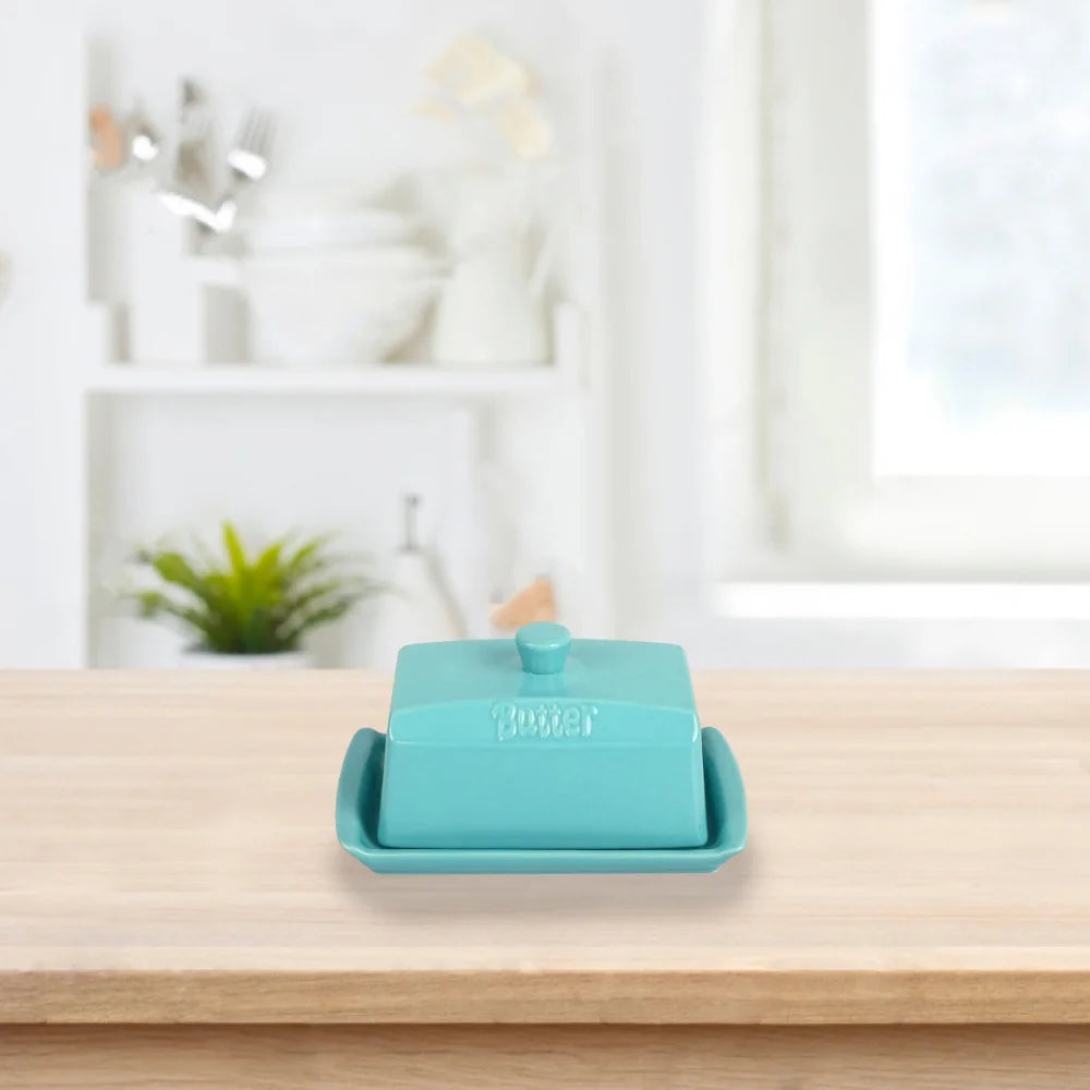 Ceramic Butter Dish Keeper Holder Countertop Rectangle Container with Lid - Blue