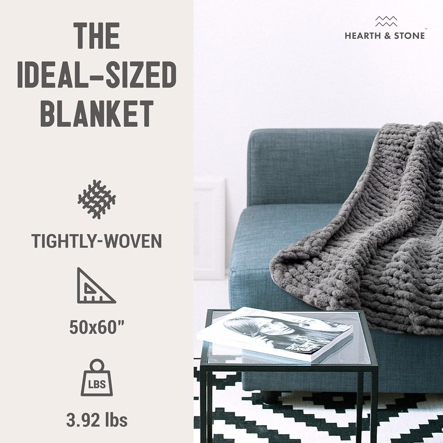 Chunky Knit Blanket Throw – 50" X 60", 3.7 Lbs – Handwoven Soft Chenille Yarn, Fluffy and Smooth – Machine Washable Cable Knit Blanket for Couch, Bed, and Living Room – Slate Grey