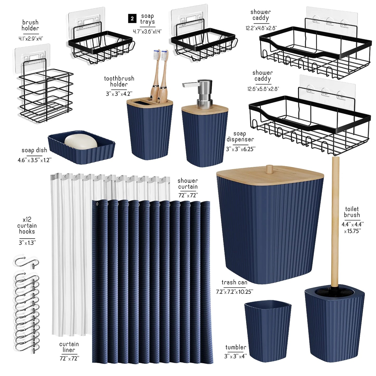 24 Piece Bamboo Bathroom Sets, Navy Blue Bathroom Accessories Set and Shower Caddy Set