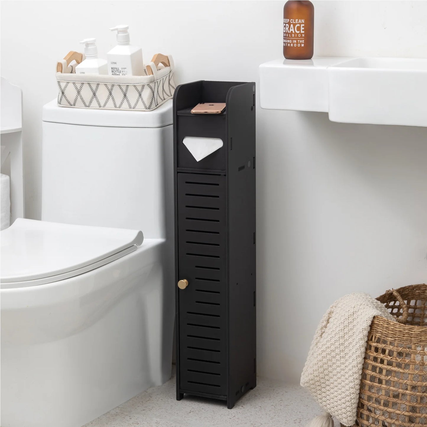 Slim Bathroom Storage Cabinet,Narrow Bathroom Stand,Black