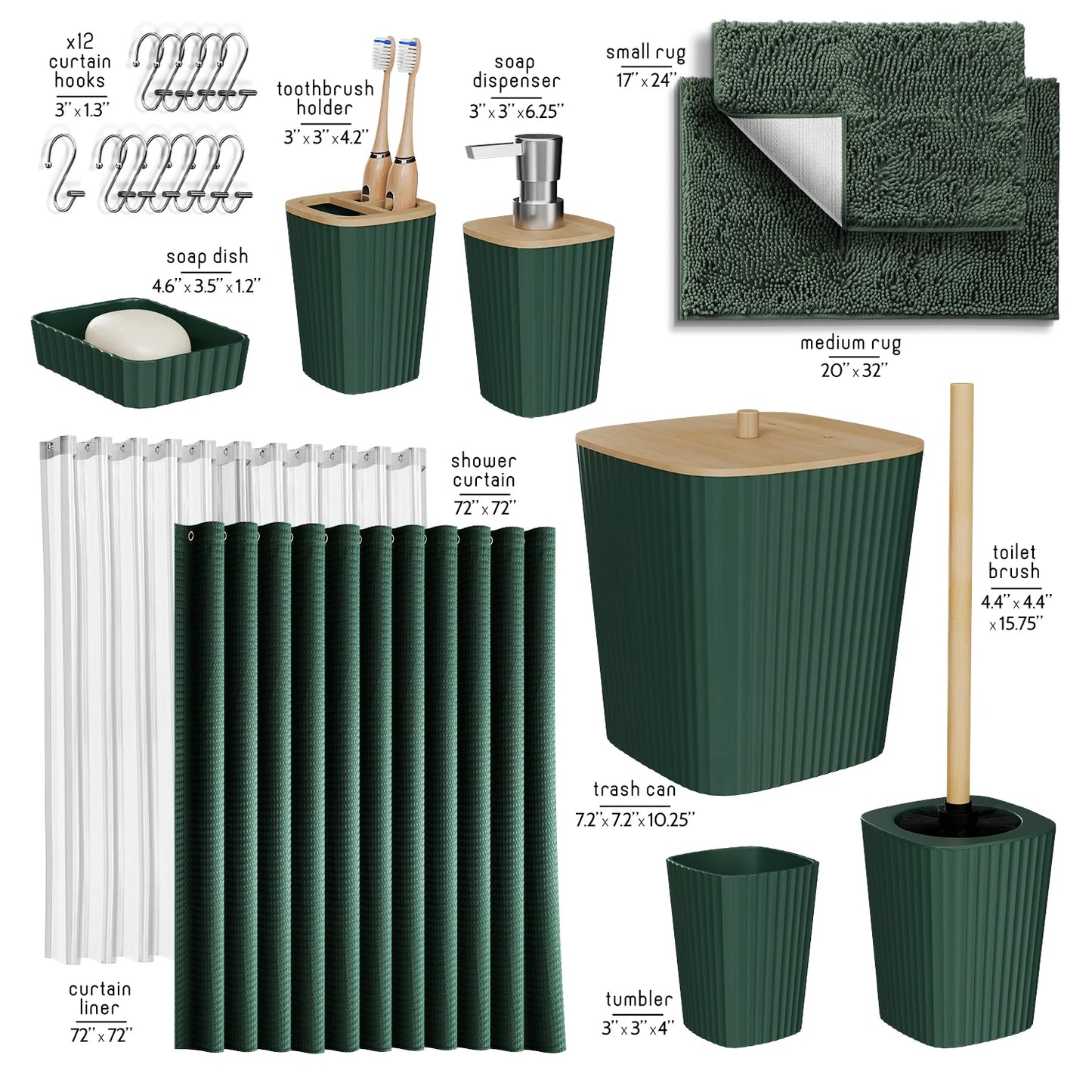 22 Piece Bamboo Bathroom Sets, Hunter Green Bathroom Accessories Sets for Minimalistic Bathroom Décor