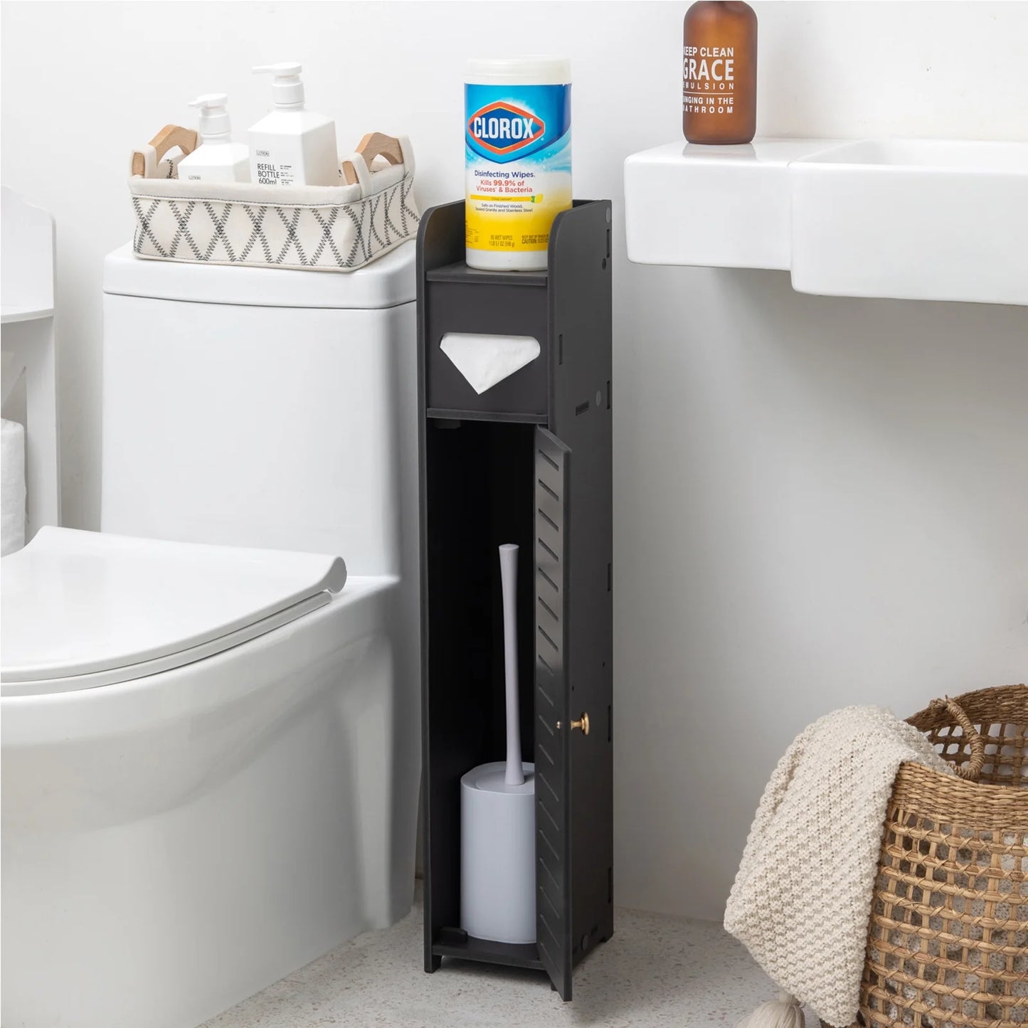 Slim Bathroom Storage Cabinet,Narrow Bathroom Stand,Black