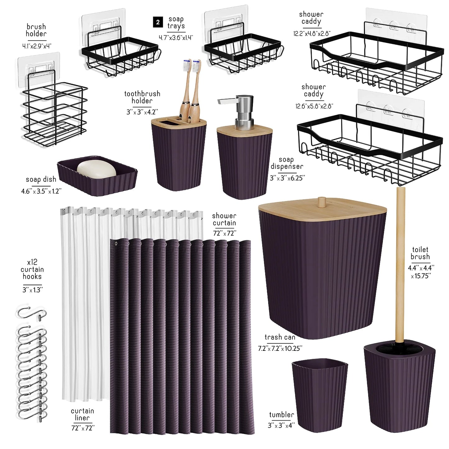 24 Piece Bamboo Bathroom Sets, Purple Bathroom Accessories Set and Shower Caddy Set