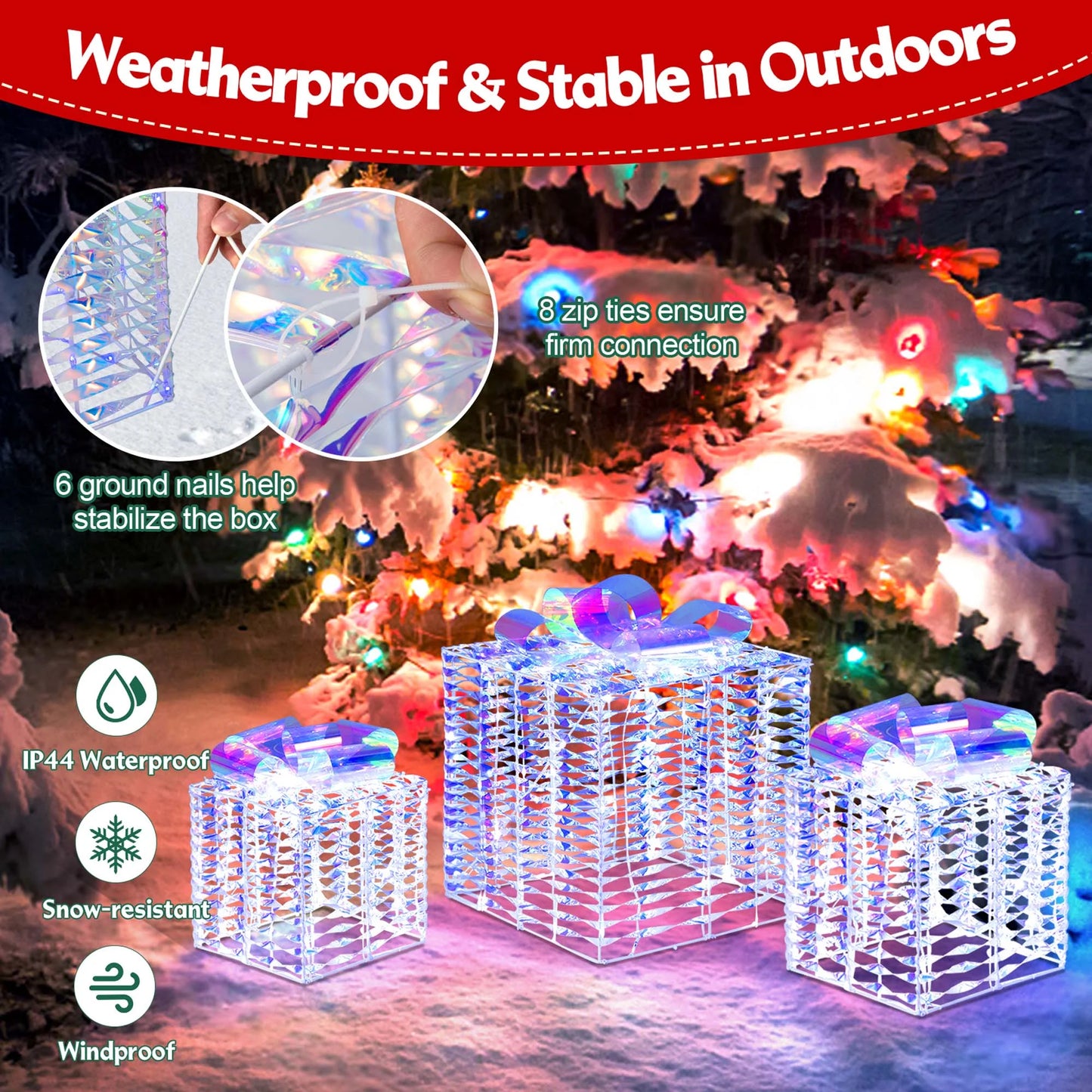 Set of 3 Iridescent Christmas Gift Box LED Lighted Present Box Decoration Yard