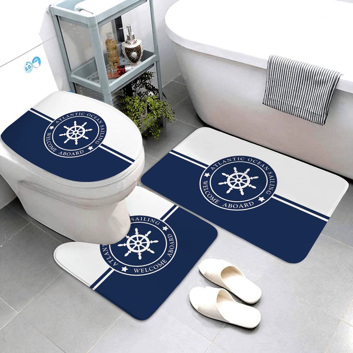 Dark Blue Nautical Series Bathroom Mats Bathroom Mats Three-Piece Set Bathroom Rugs and Mats Bathroom Products Can Be Customized