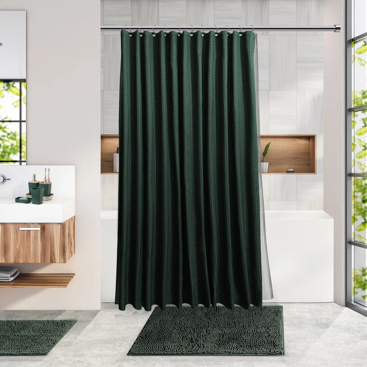 27 Piece Bamboo Bathroom Sets, Hunter Green Bathroom Accessories Set with Bathroom Rugs and Shower Caddy Set