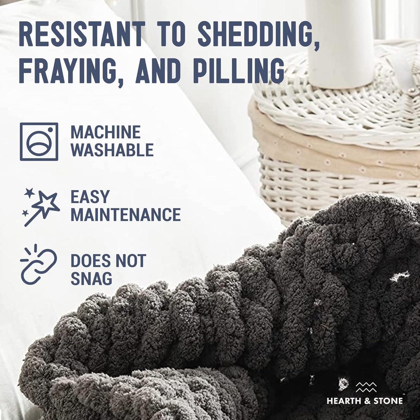Chunky Knit Blanket Throw – 50" X 60", 3.7 Lbs – Handwoven Soft Chenille Yarn, Fluffy and Smooth – Machine Washable Cable Knit Blanket for Couch, Bed, and Living Room – Slate Grey
