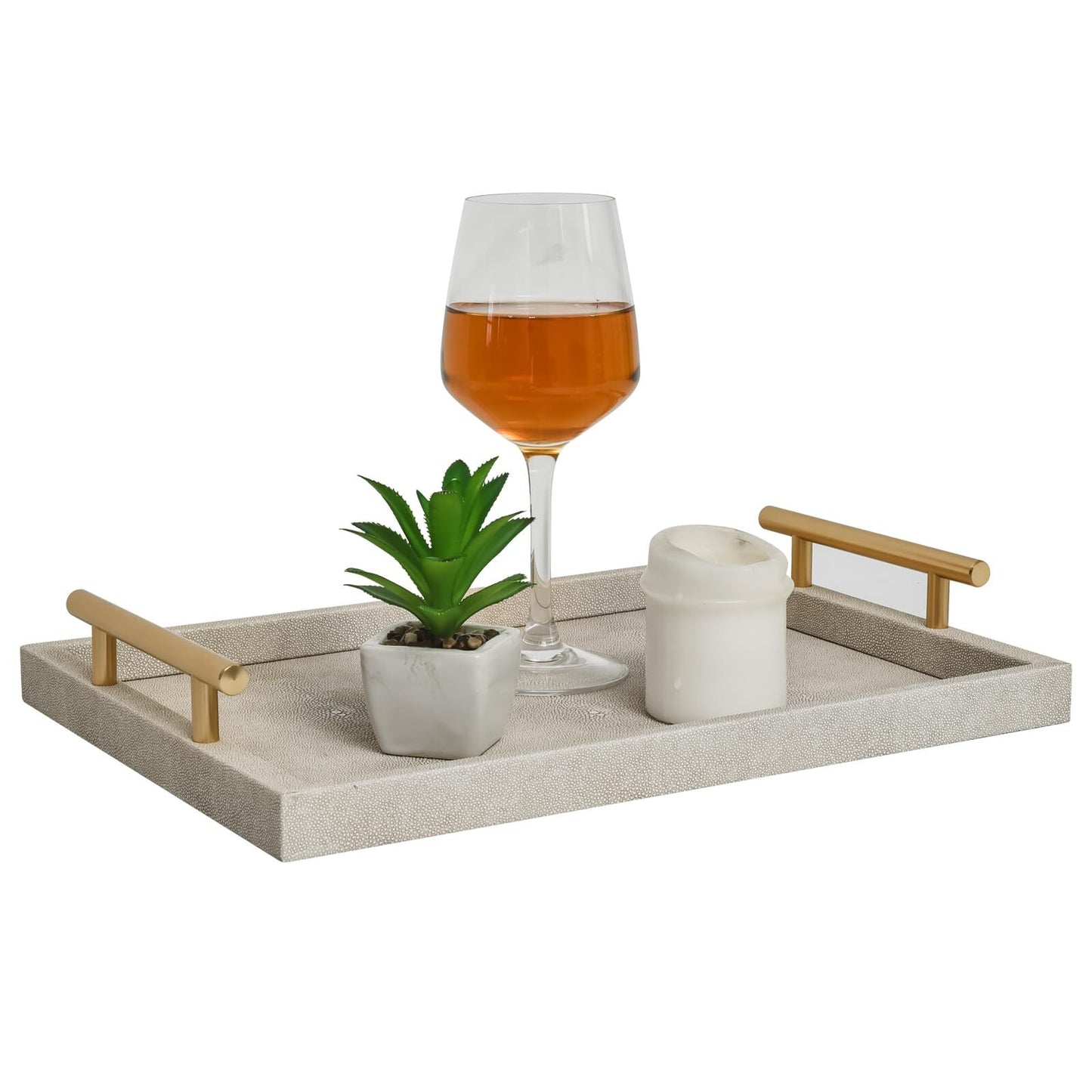 Set of 2 Wood Serving Tray with Handles Modern Decorative Ivory Shagreen Leather