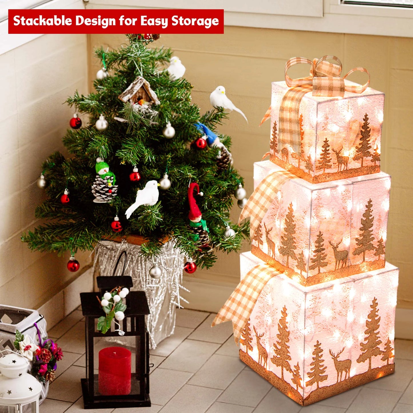 Set of 3 Pre-Lit Christmas Gift Boxes Lighted Present Decoration with 100 Lights