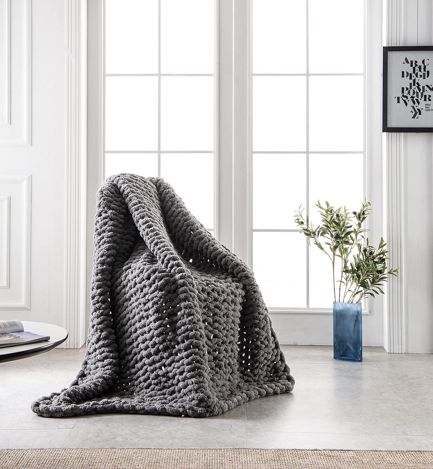 Chunky Knit Blanket (60X80 Inches) - Soft Knitted Yarn Blanket Large Gray - Handmade Throw Blanket Grey - Crochet Throw Blanket for Sofa, Bed, Couch (Slate Grey, 60X80 In)