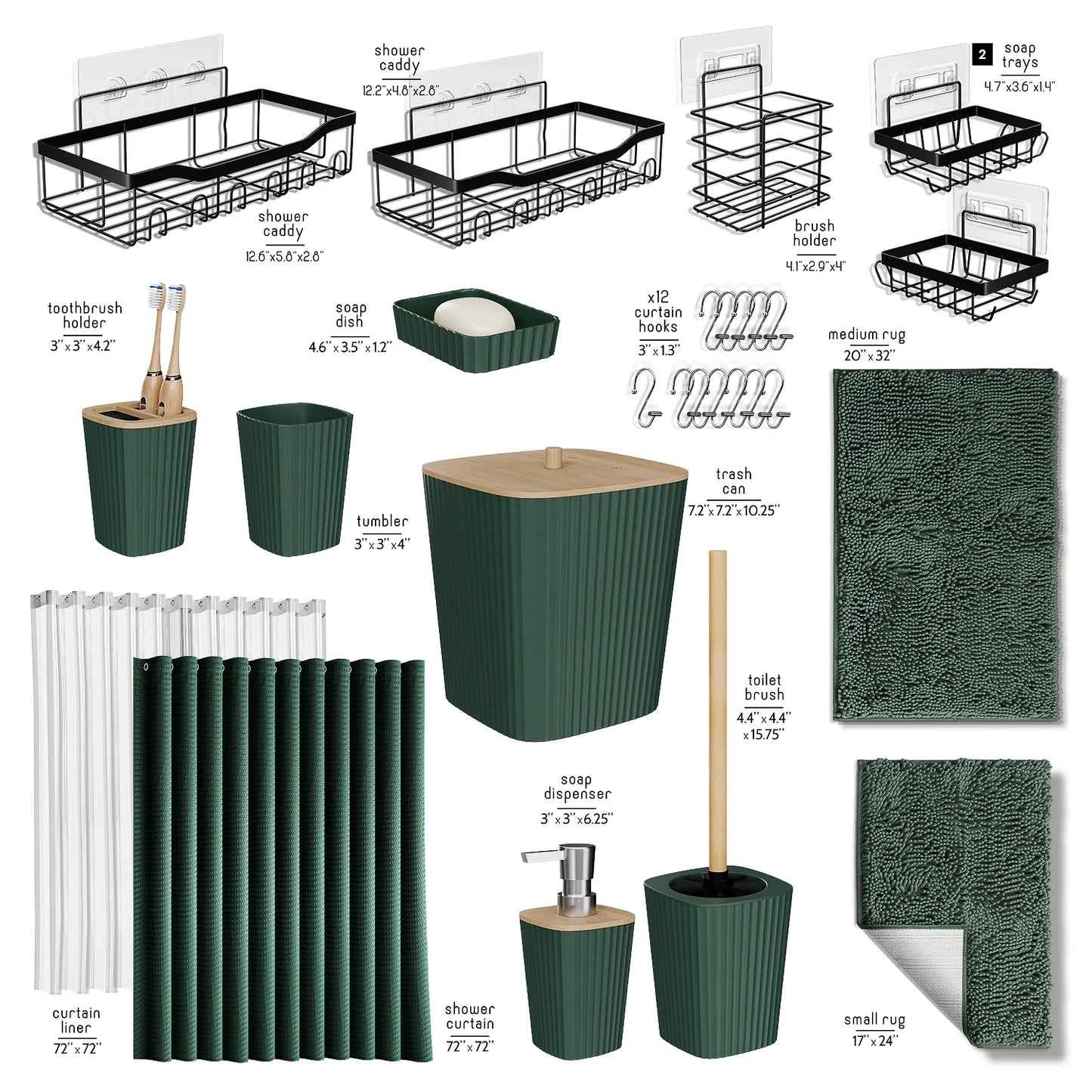 27 Piece Bamboo Bathroom Sets, Hunter Green Bathroom Accessories Set with Bathroom Rugs and Shower Caddy Set