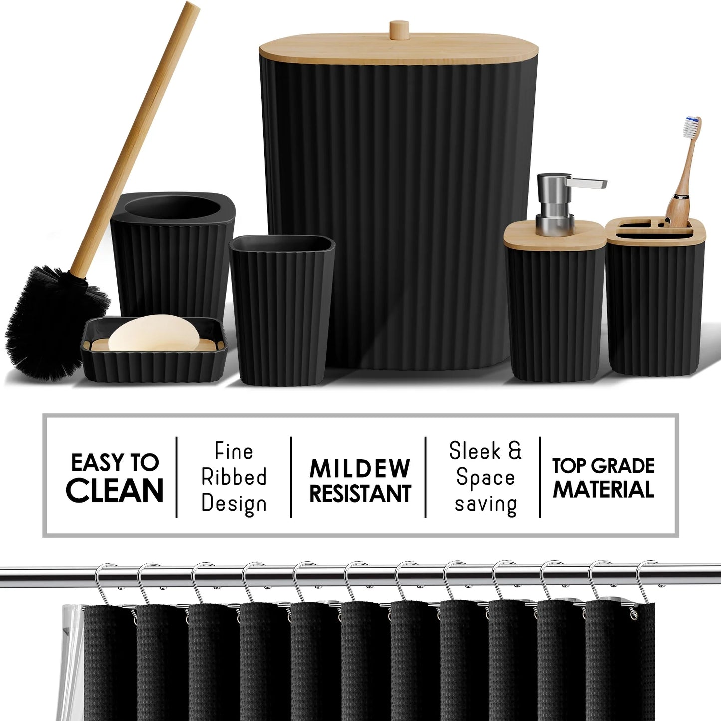 20 Piece Bamboo Bathroom Sets, Black Bathroom Accessories Set with Shower Curtain