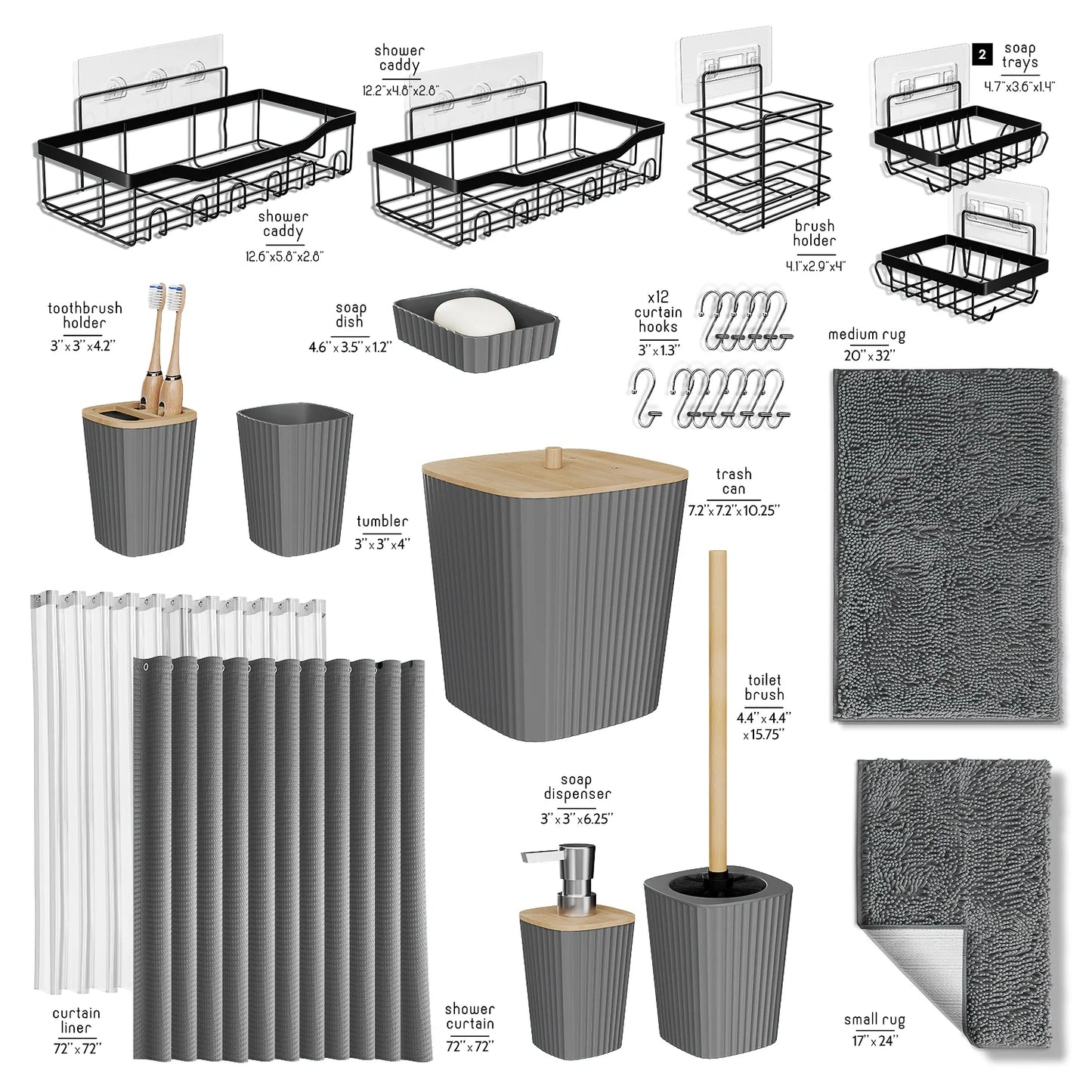 27 Piece Bamboo Bathroom Sets, Gray Bathroom Accessories Set with Bathroom Rugs and Shower Caddy Set