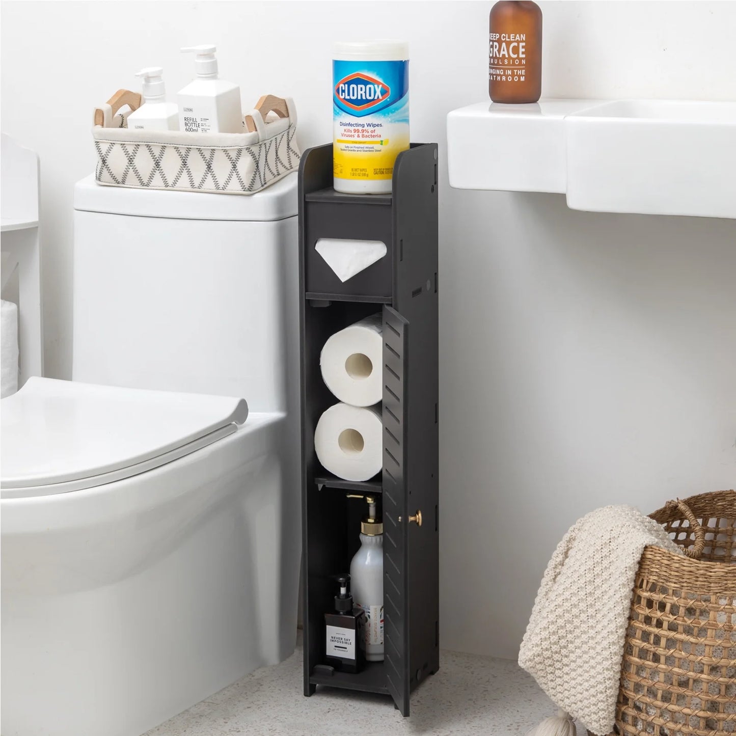 Slim Bathroom Storage Cabinet,Narrow Bathroom Stand,Black