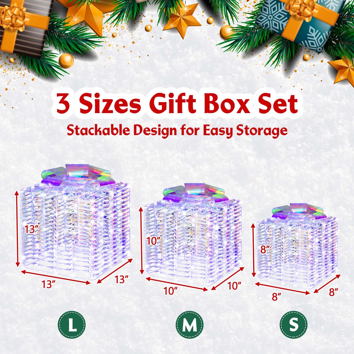 Set of 3 Iridescent Christmas Gift Box LED Lighted Present Box Decoration Yard