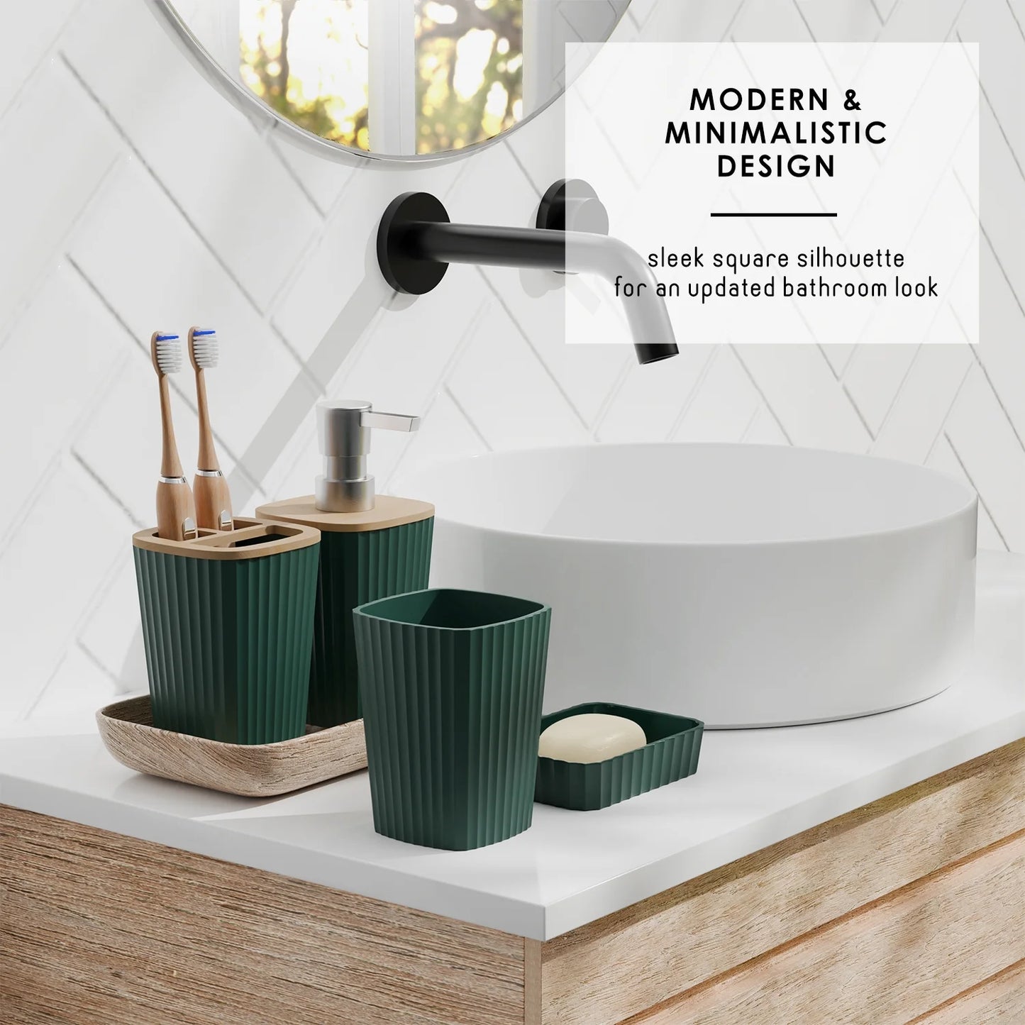 22 Piece Bamboo Bathroom Sets, Hunter Green Bathroom Accessories Sets for Minimalistic Bathroom Décor