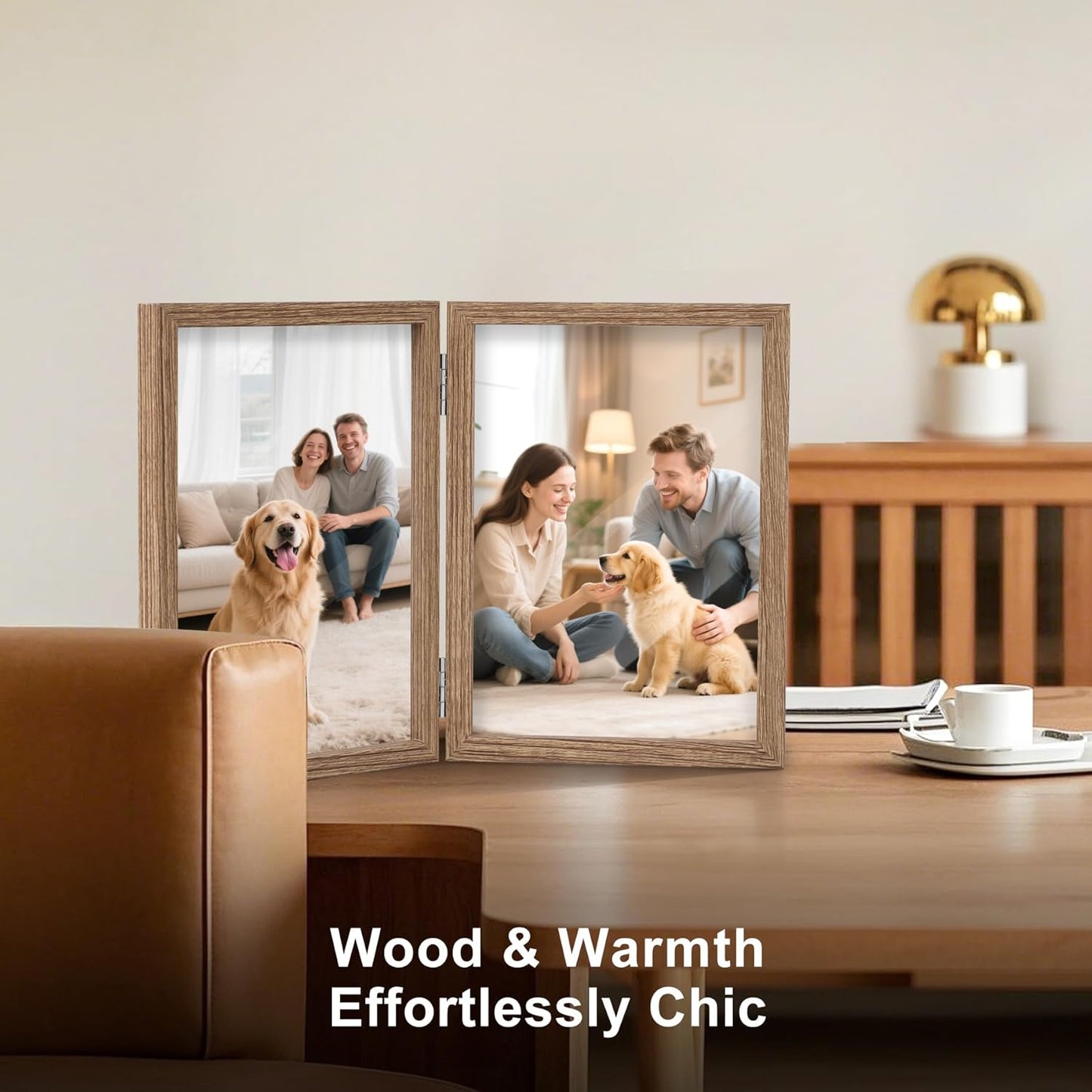 4X6 Double Picture Frame Wooden Hinged Photo Frame Definition Glass Stand Vertically on Desktop or Tabletop