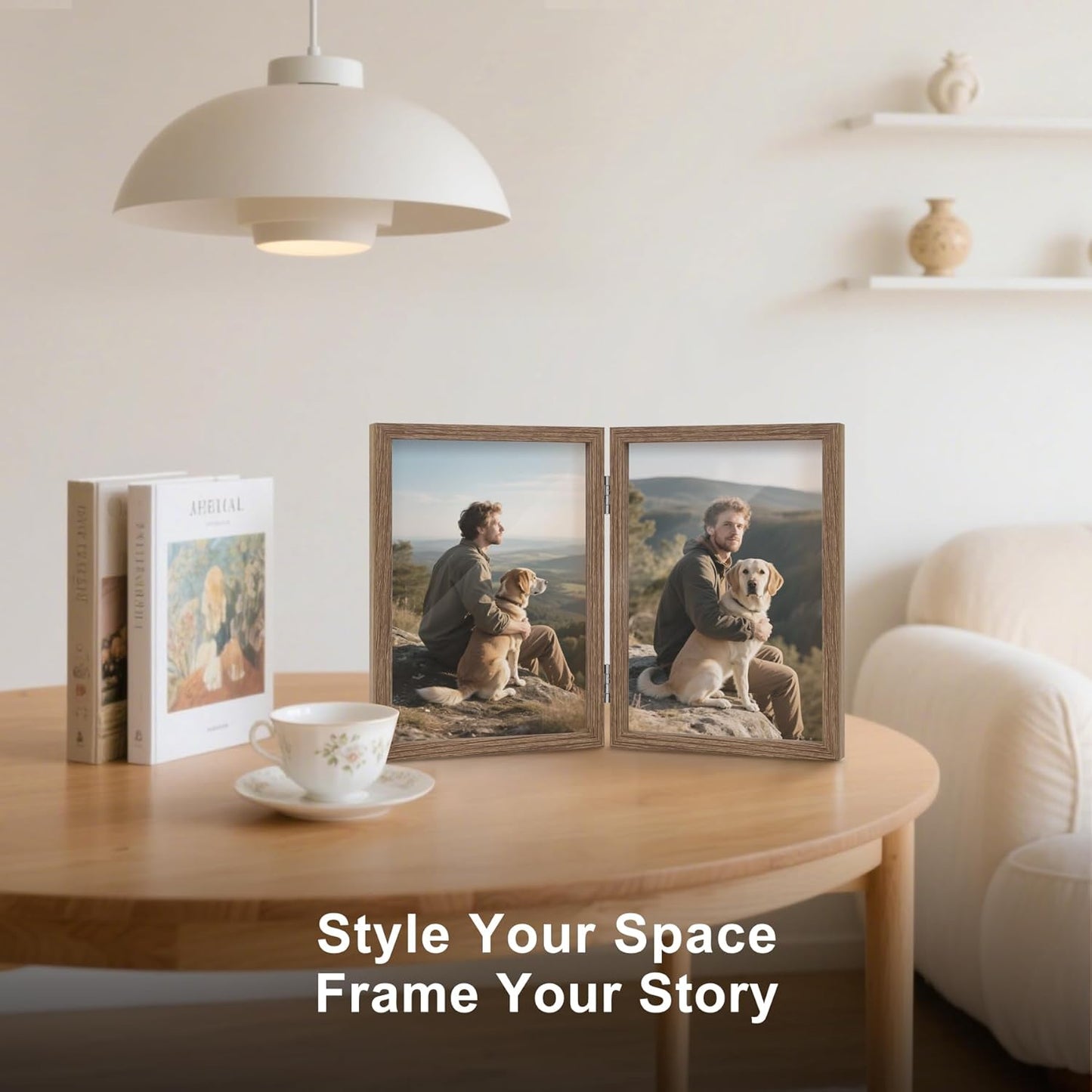 4X6 Double Picture Frame Wooden Hinged Photo Frame Definition Glass Stand Vertically on Desktop or Tabletop