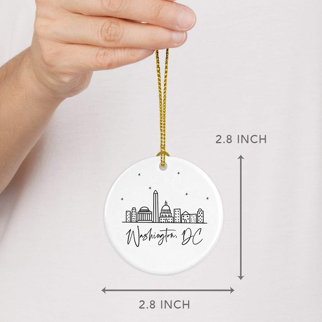 round Ceramic Porcelain Christmas Tree Ornament, Washington, DC, Black and White Stars City Skyline, 1-Pack, Birthday Family Coworker, Includes Gift Box Washington DC Christmas Ornament