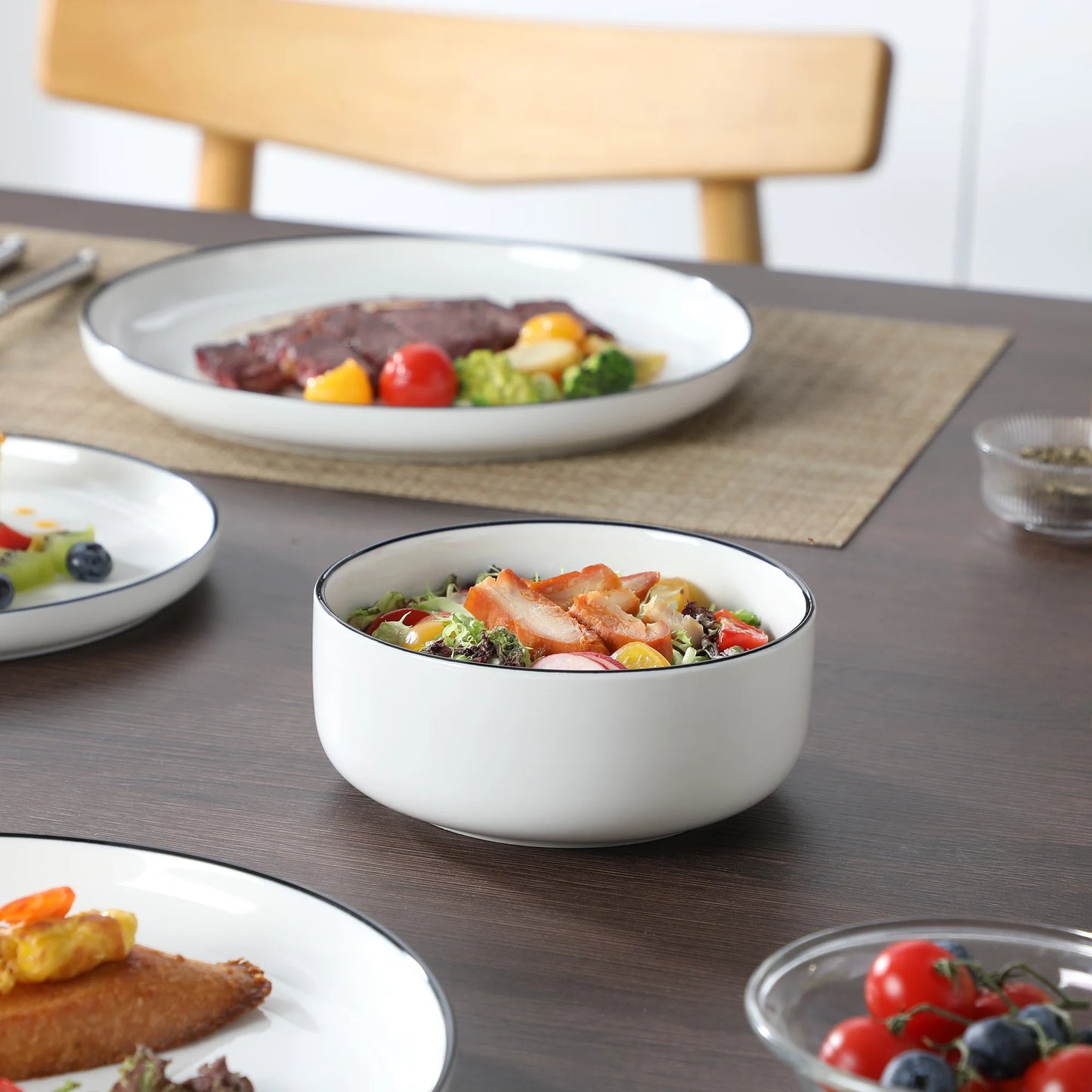 12 Pcs Dinnerware Sets, Plates and Bowls Set for 4, Ceramic Dinner Set, White and Black