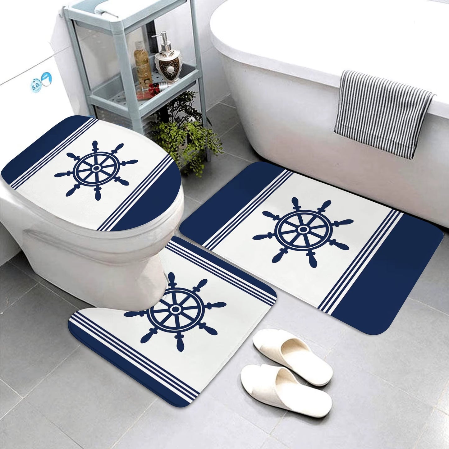 Dark Blue Nautical Series Bathroom Mats Bathroom Mats Three-Piece Set Bathroom Rugs and Mats Bathroom Products Can Be Customized