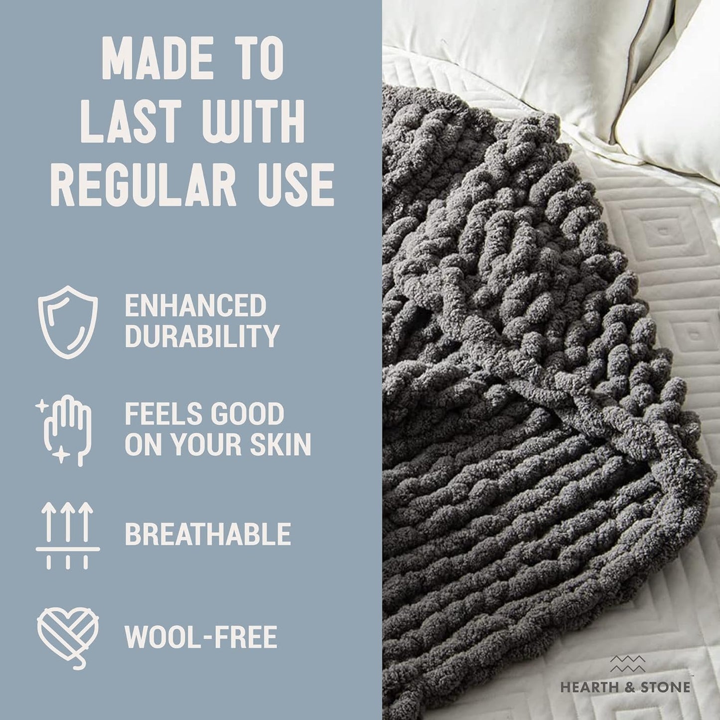 Chunky Knit Blanket Throw – 50" X 60", 3.7 Lbs – Handwoven Soft Chenille Yarn, Fluffy and Smooth – Machine Washable Cable Knit Blanket for Couch, Bed, and Living Room – Slate Grey