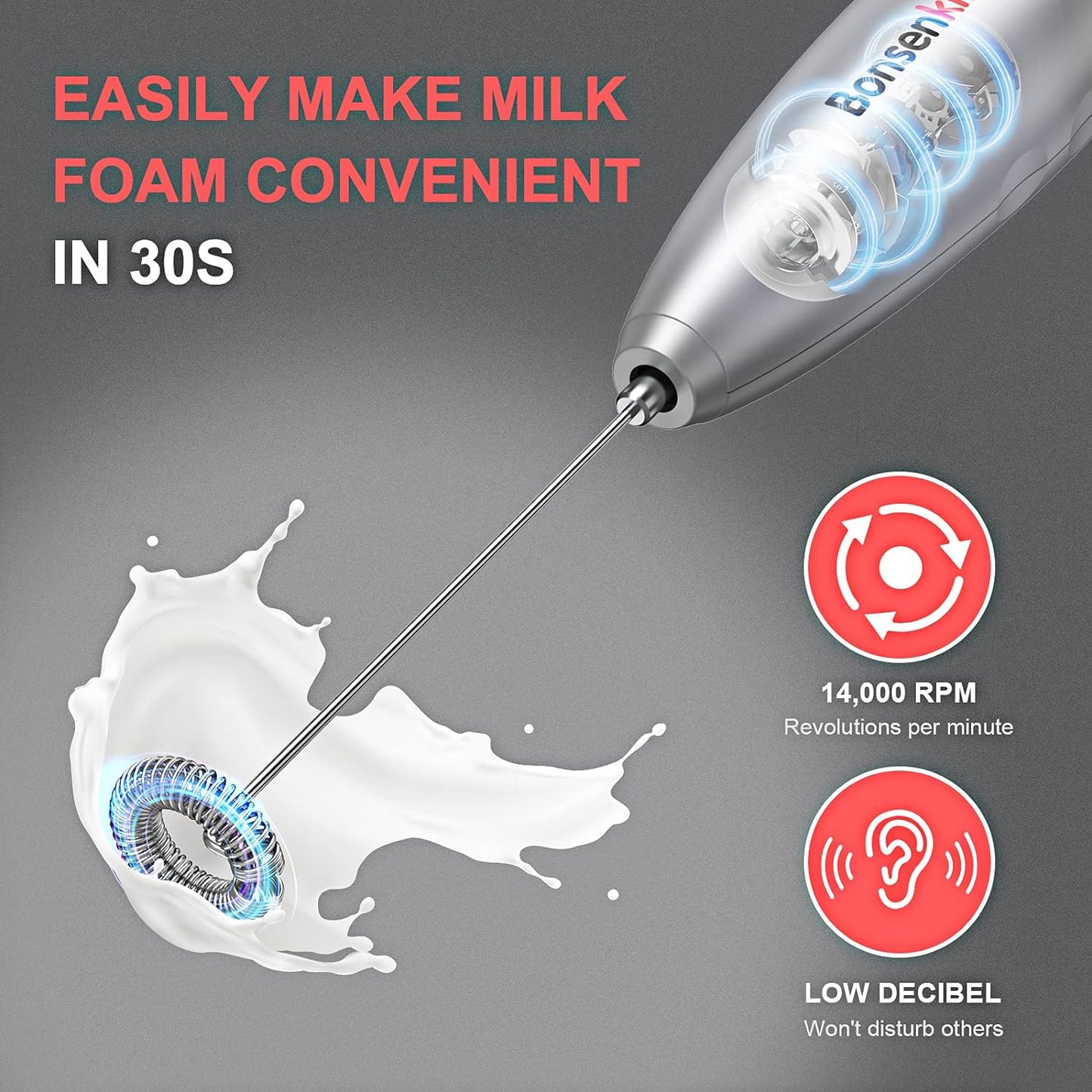 Electric Milk Frother Handheld, Portable Whisk Milk Foam Maker with Stainless Steel Stand, Drink Mixer for Coffee, Matcha, Electric Stirrer Coffee Mixer, Battery Operated(Not Included)