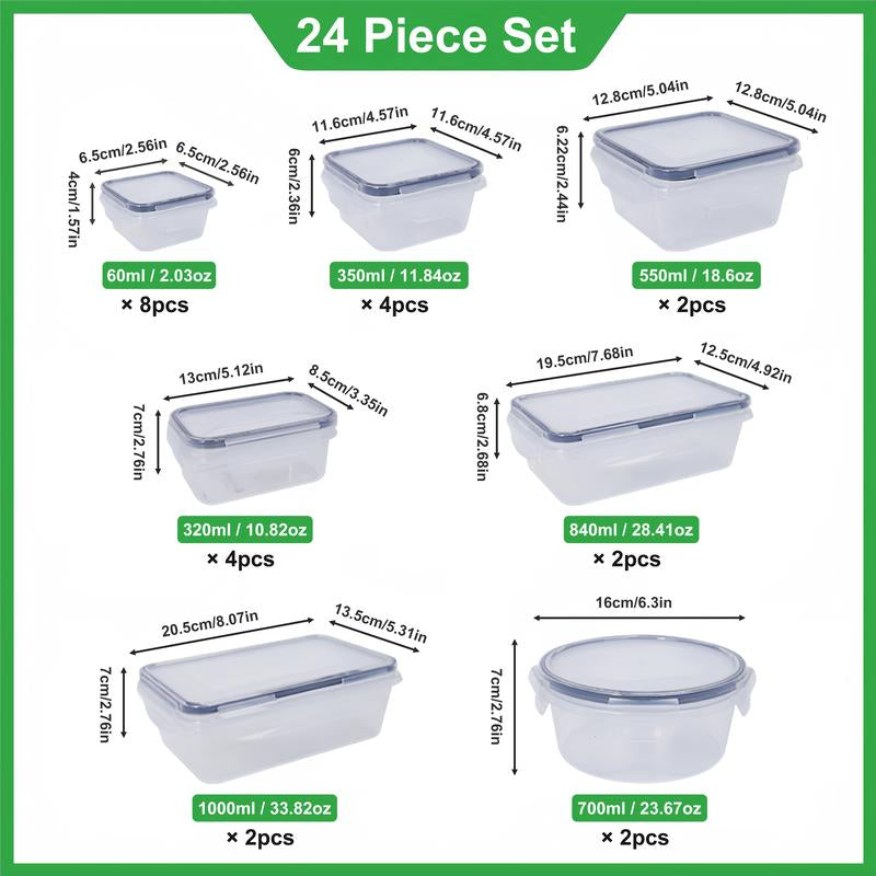 Essential 24-Piece Food Storage Box Set with 24 Lids & 24 Containers Sealed Plastic Utensil Set for Pantry Travel Outdoor Picnic Kitchen Tidying Includes Labels Markings 48-Piece Set