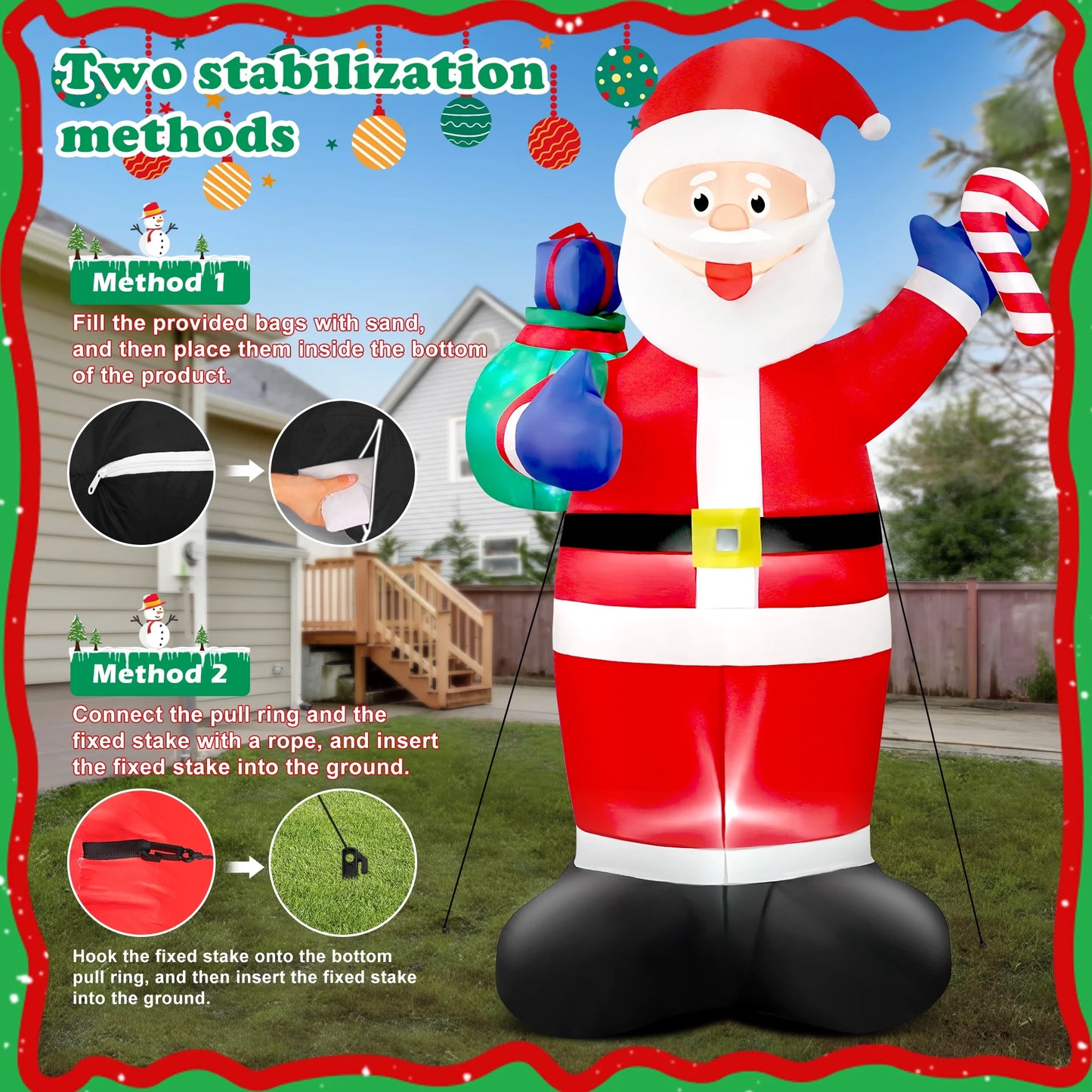 8FT Christmas Inflatable Santa Claus Outdoor Decorations,Blow up Santa Claus with Gifts Bag, Built-In Brilliant LED Lights Xmas Inflatables Yard Decor