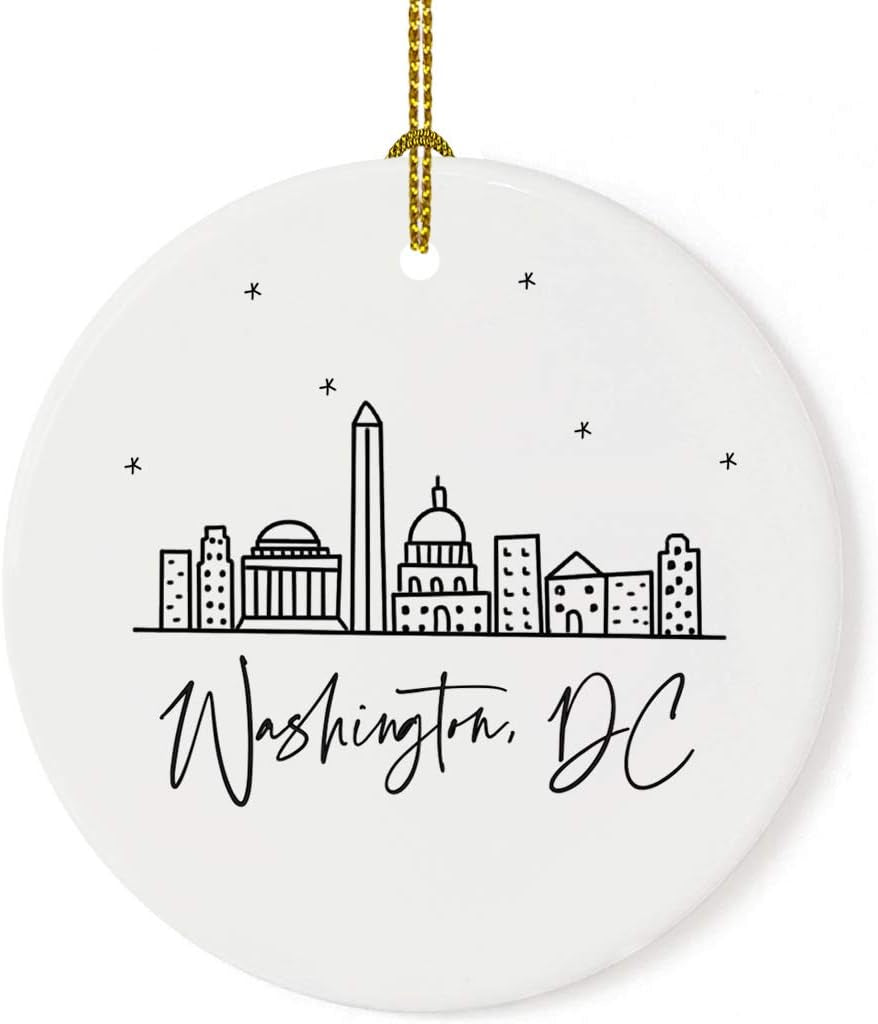 round Ceramic Porcelain Christmas Tree Ornament, Washington, DC, Black and White Stars City Skyline, 1-Pack, Birthday Family Coworker, Includes Gift Box Washington DC Christmas Ornament