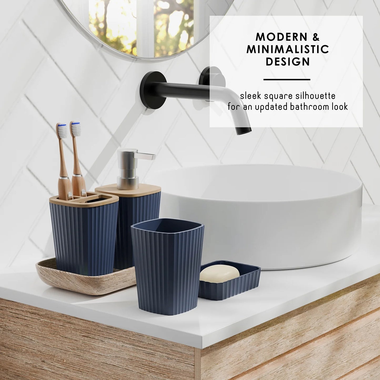 20 Piece Bamboo Bathroom Sets, Navy Blue Bathroom Accessories Sets for Minimalistic Bathroom Décor