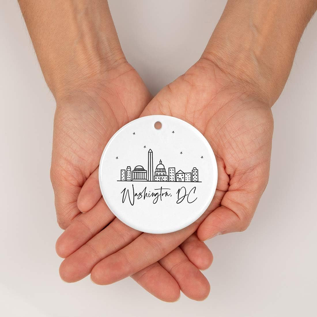 round Ceramic Porcelain Christmas Tree Ornament, Washington, DC, Black and White Stars City Skyline, 1-Pack, Birthday Family Coworker, Includes Gift Box Washington DC Christmas Ornament