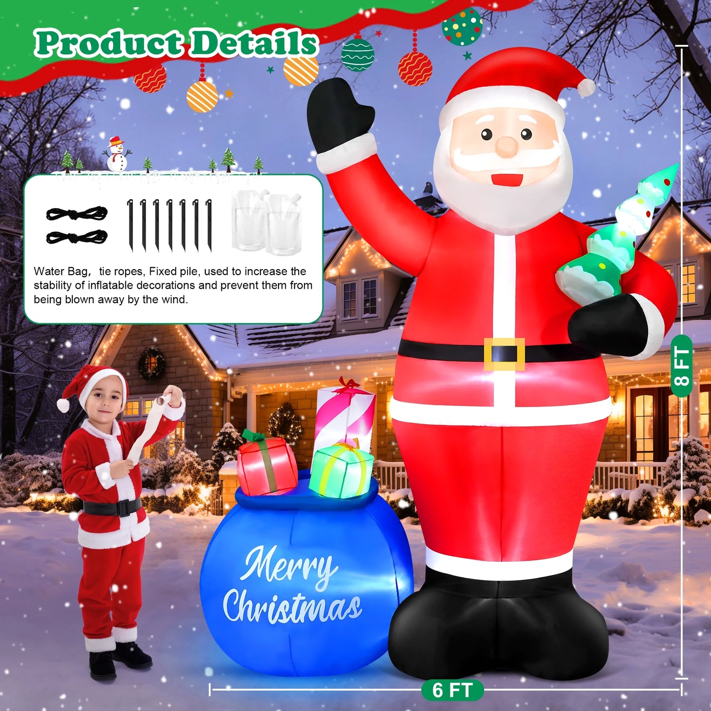 8FT Christmas Inflatable Santa Claus with Big Gift Bag and Christmas Tree Outdoor Decorations,Built-In LED Light,Blow up Xmas Inflatables for Front Back Yard Garden Lawn