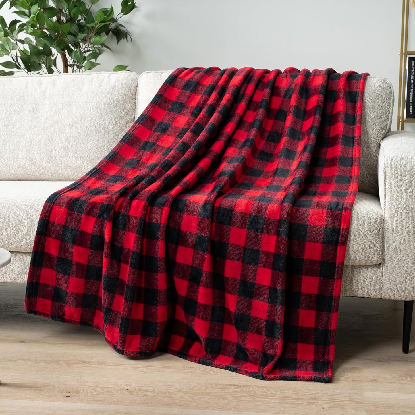 Black and Red Buffalo Plaid Fleece Bed Blanket King Size, Soft Checkered Flannel Blanket for Sofa, Plaid Christmas Couch Throw Bed, Warm Cozy Decorative Blanket Fall Decor Gift, 90X90