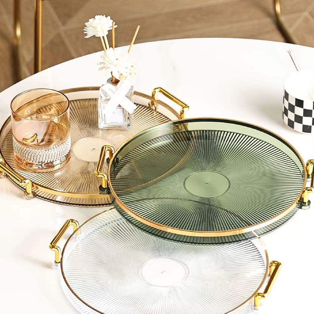 1PCS Acrylic round Tray,Multipurpose Double Ear Plate with Gold Handles for Coffee Fruits,Storage Trays Living Room Decorative