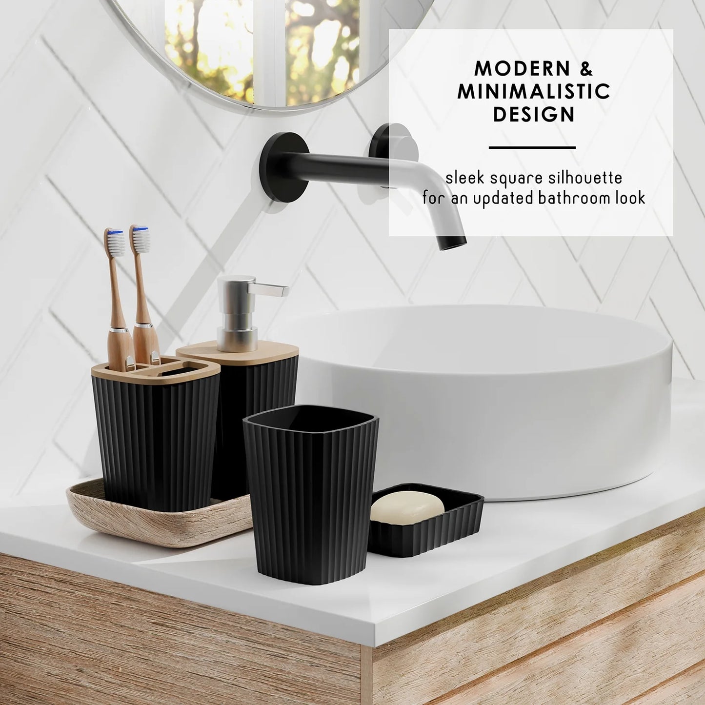 22 Piece Bamboo Bathroom Sets, Black Bathroom Accessories Set for Minimalistic Bathroom Décor