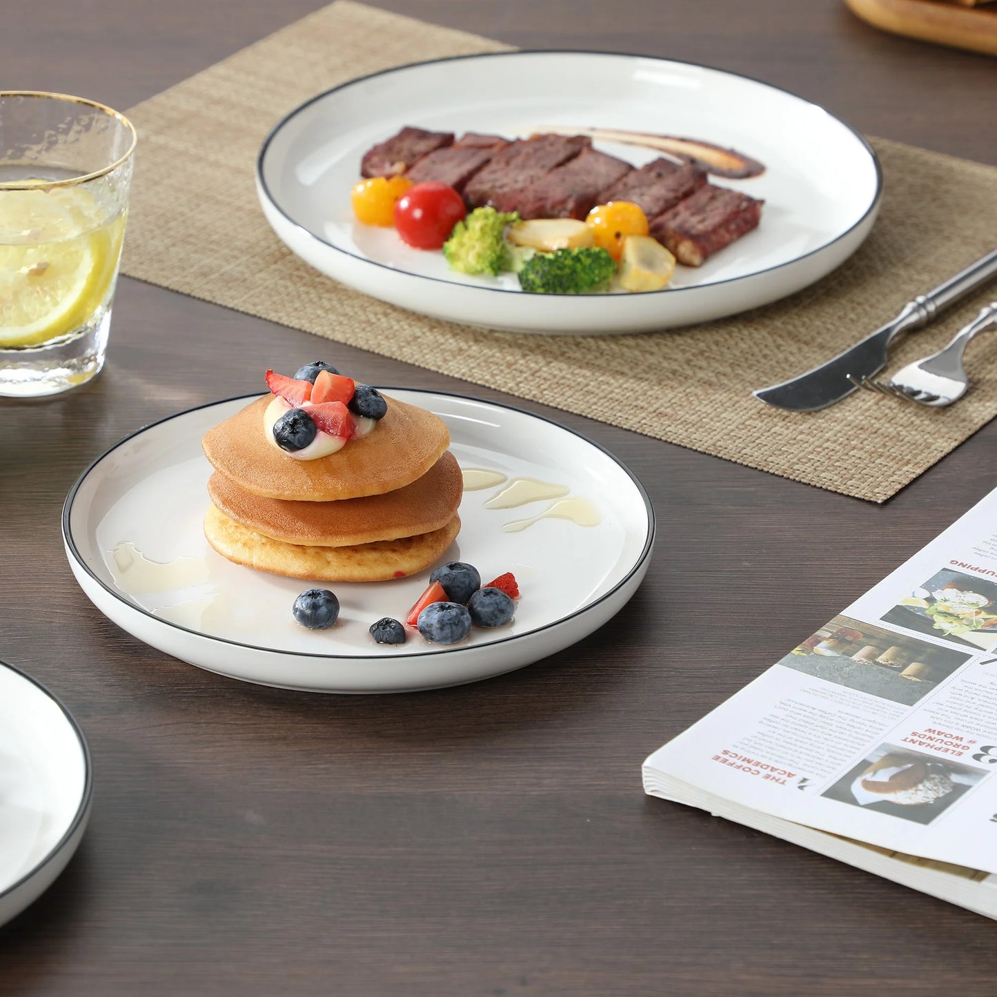 12 Pcs Dinnerware Sets, Plates and Bowls Set for 4, Ceramic Dinner Set, White and Black