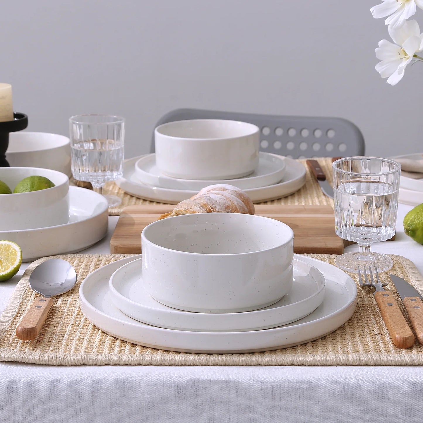 12 Piece Dinnerware Set, Stoneware Plates and Bowls Set, Dish Set for 4, White