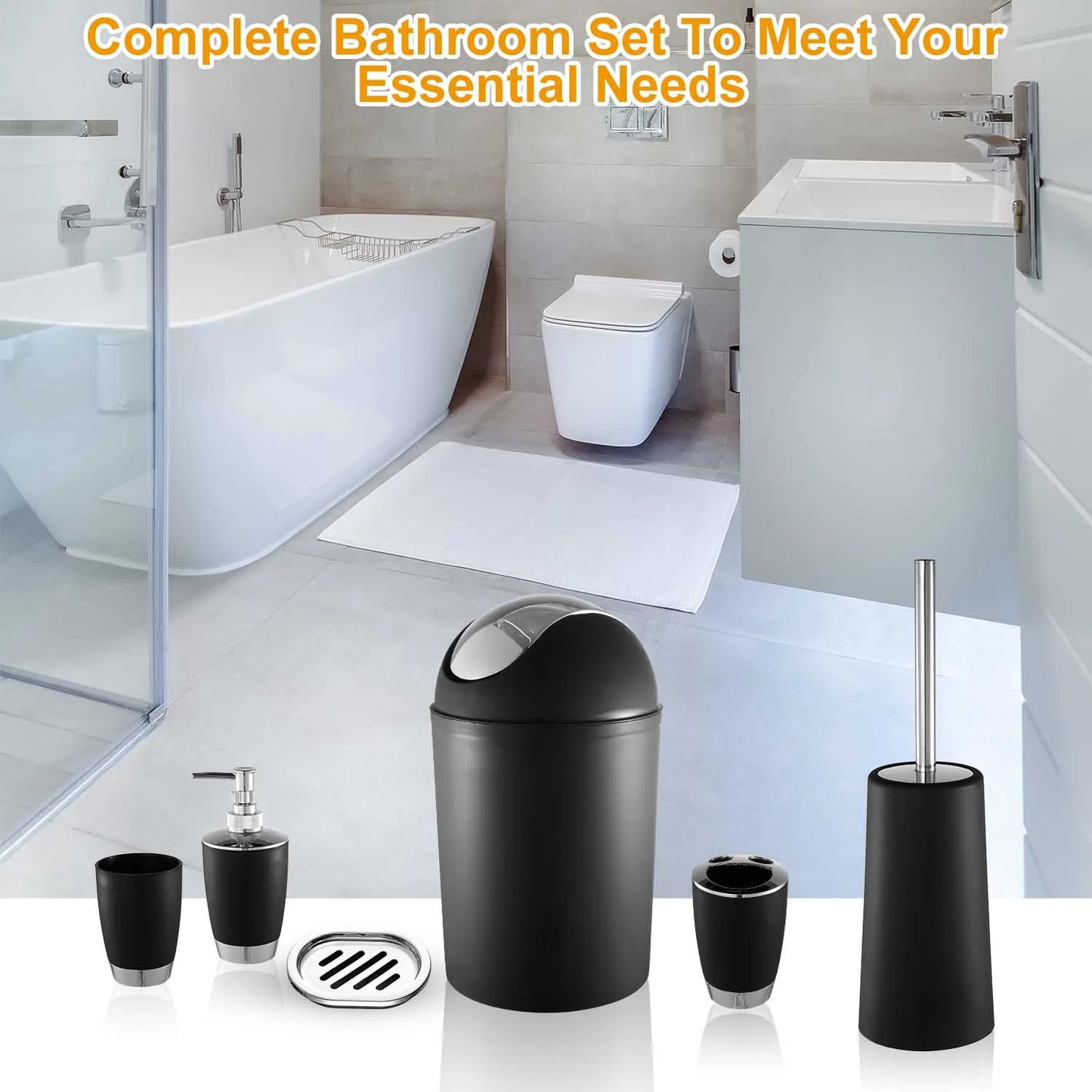 6 Pcs Bathroom Accessories Set, Plastic Bathroom Set Lightweight Durable for Home Bathroom Unisex Adults Kids, Black
