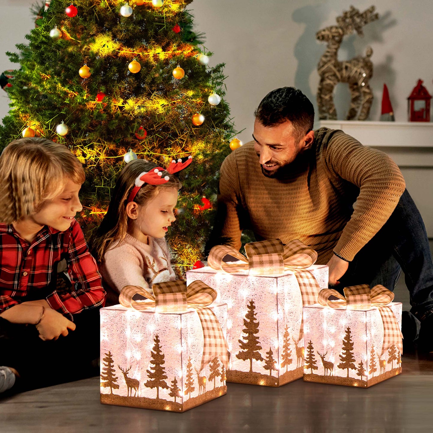 Set of 3 Pre-Lit Christmas Gift Boxes Lighted Present Decoration with 100 Lights