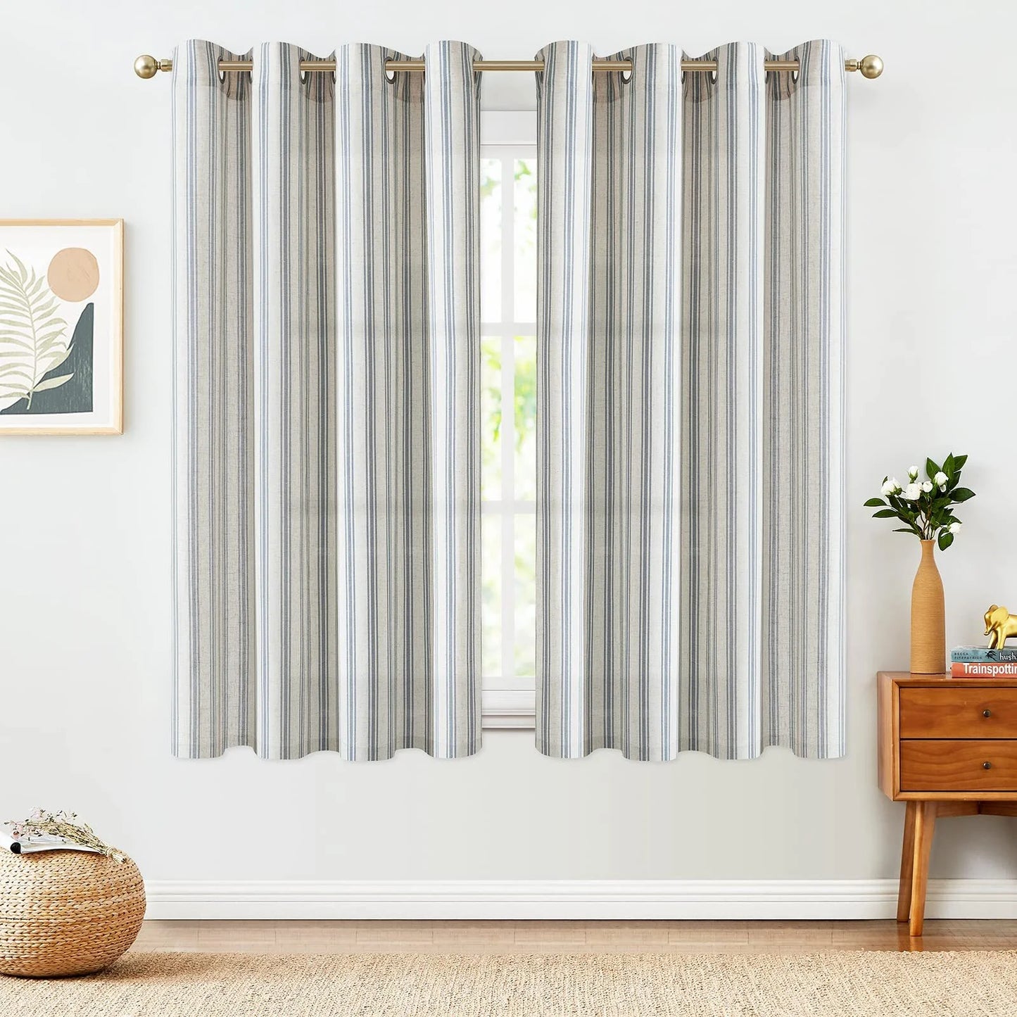 Blue Striped Curtains Linen Farmhouse Living Room Curtains Ticking Stripe Curtains Rustic Pinstripe Curtains Grommet 2 Panels 50" X 63"
